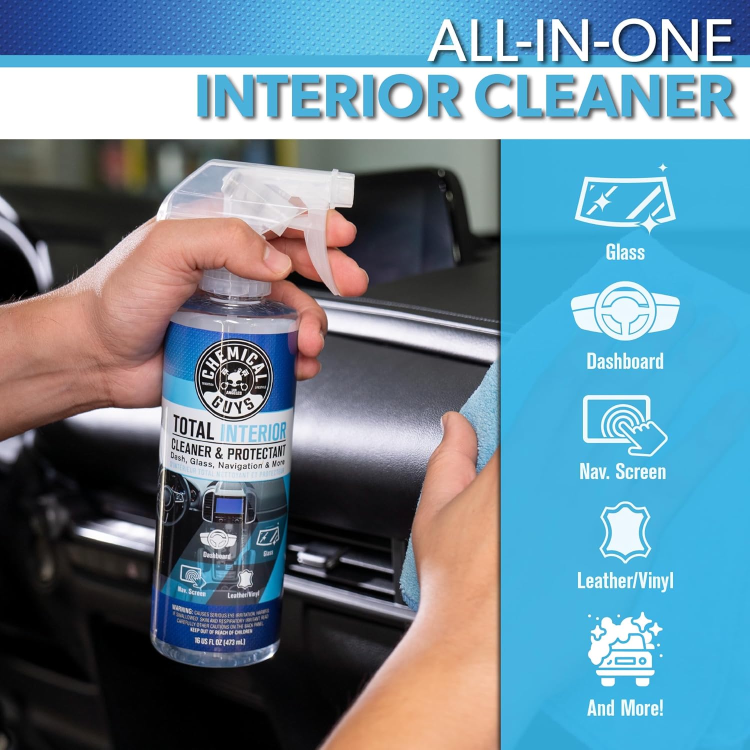 Chemical Guys Total Interior Cleaner & Protectant Interior Cleaner, Cleans & Protects Leather, Vinyl, Plastic, Rubber, Glass with a Streak-Free Finish — Cars, Trucks, SUVs, RVs, 16 oz