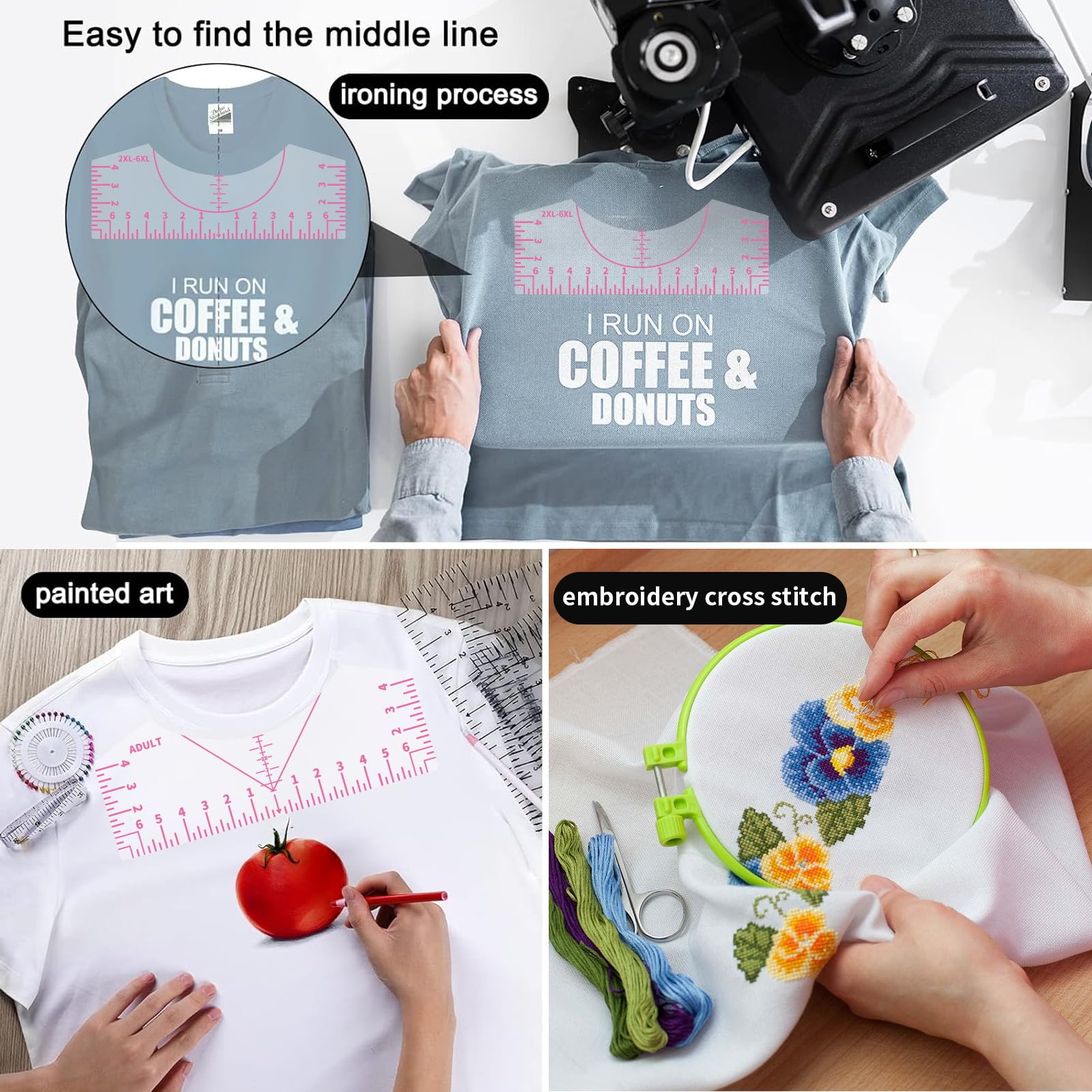 9Pcs Tshirt-Ruler Guide to Center Vinyl, Transparent V-Neck/Round PVC Ruler for Alignment, Heat Press, Children Youth Adult, Front and Back Measurement (10in)