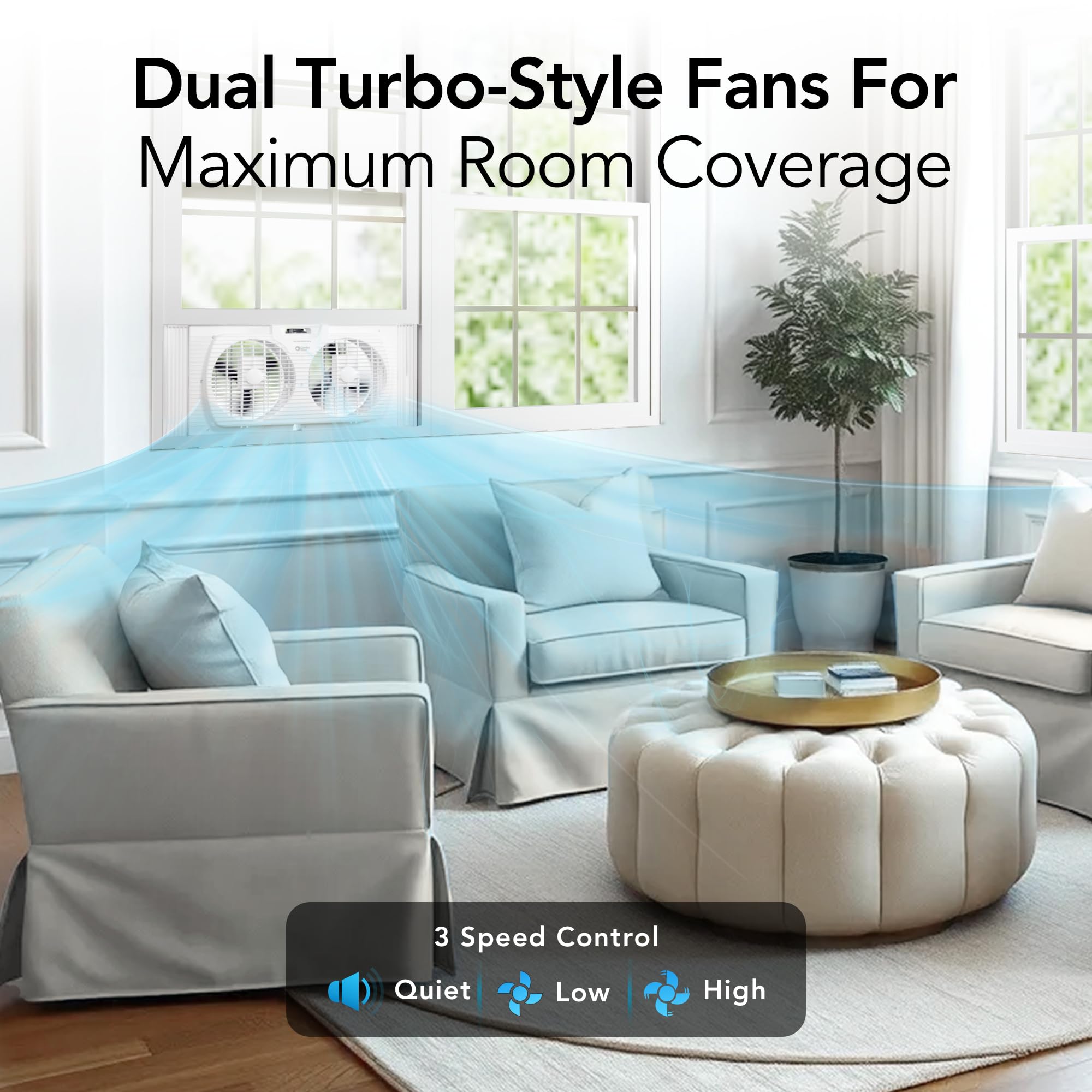 Comfort Zone Twin Window Fan with Reversible Airflow Control, 9 inch, Auto-Locking Expanders, 2 Speed Fan, Dual Fan, Exhaust, Airflow 9.84 ft/sec, Ideal for Home, Kitchen, Bedroom & Office, CZ319WT