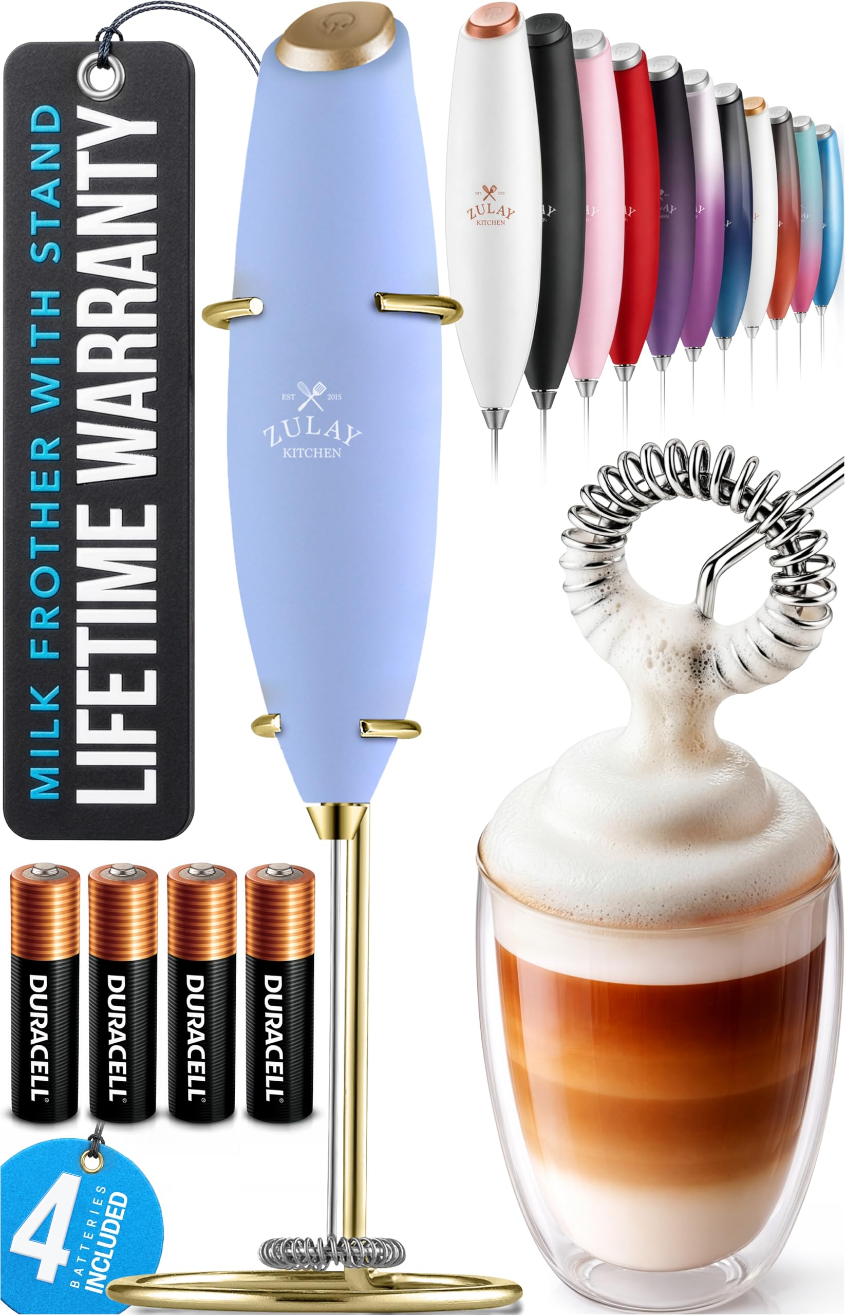 Zulay Kitchen Powerful Milk Frother Wand With Duracell Batteries - Ultra Fast Handheld Drink Mixer - Electric Whisk Foam Maker for Coffee, Lattes, Cappuccino & Matcha - Z1 Motor - Black