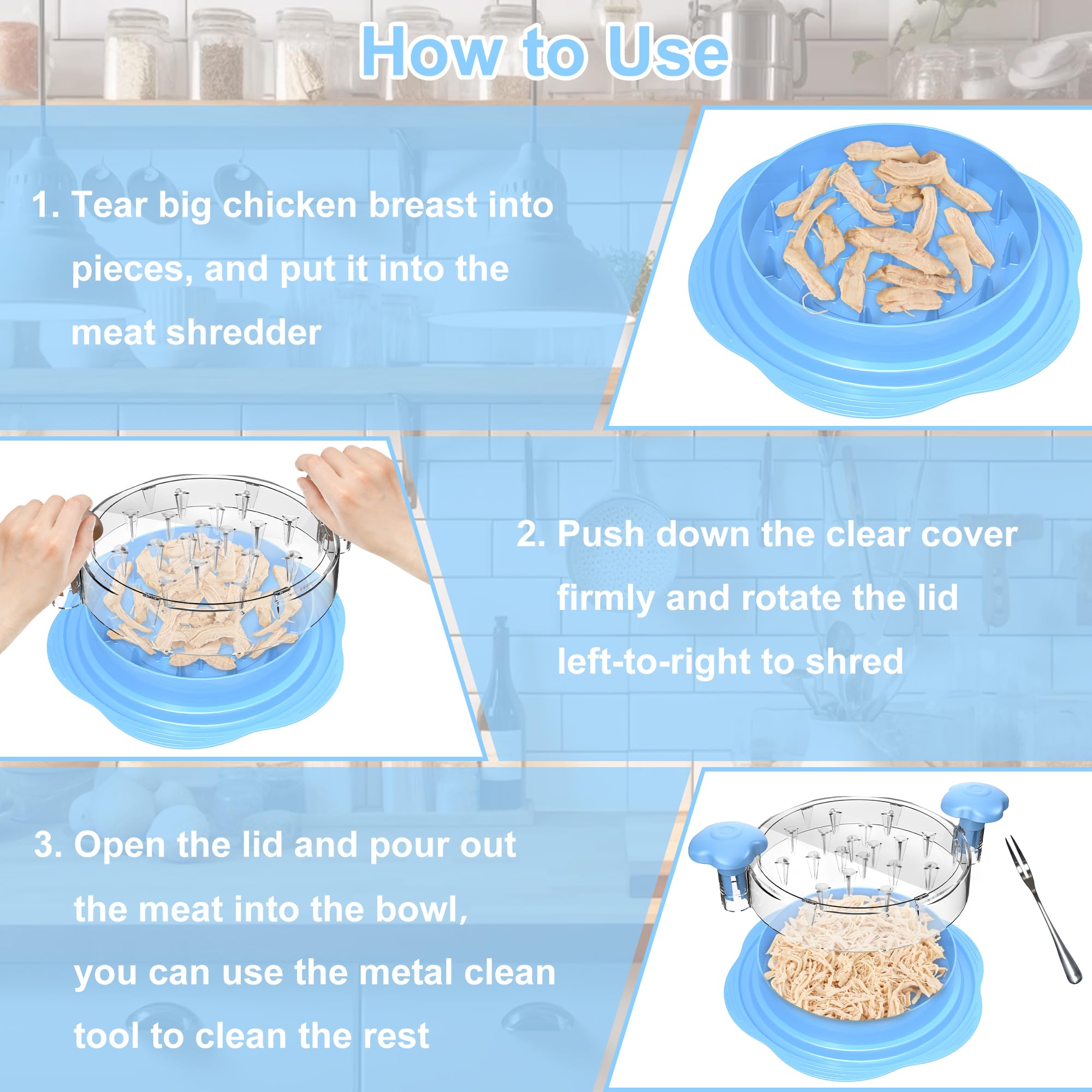 SURETIVIAN Chicken Shredder Tool Twist Large Chicken Breast Shredder with Brush&Fork, Visible Meat Shredder Machine, Strong Anti-Slip Strip, Ergonomic Handle, BPA Free, Suitable for Pork Beef Chicken