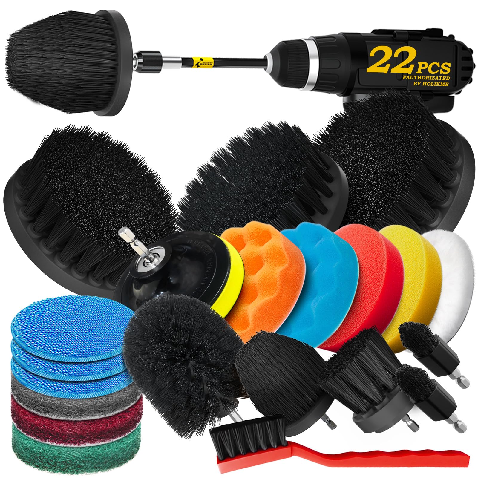 Holikme 22Pack Drill Brush Attachments Set,Scrub Pads & Sponge, Buffing Pads,Power Scrubber Brush,Car Polishing Pad Kit,Wax Applicator Pad,Car Cleaning Kit,Masonry Brushes,Cleaning Supplies
