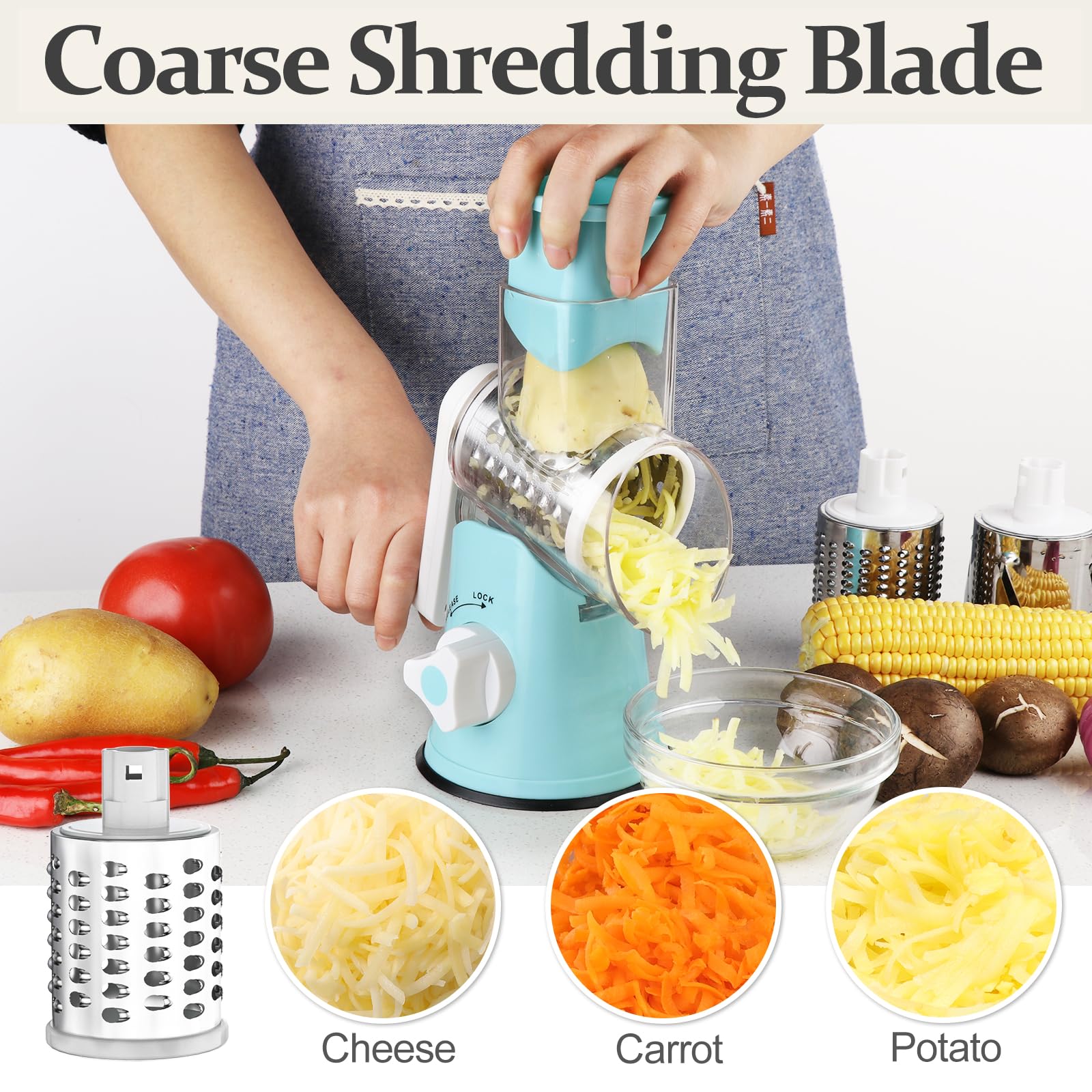 Cambom Rotary Cheese Grater Hand Crank Cheese Shredder for Fresh Cheese, Vegetable, Nuts,Non-slip Suction Base, Three Blades, Black
