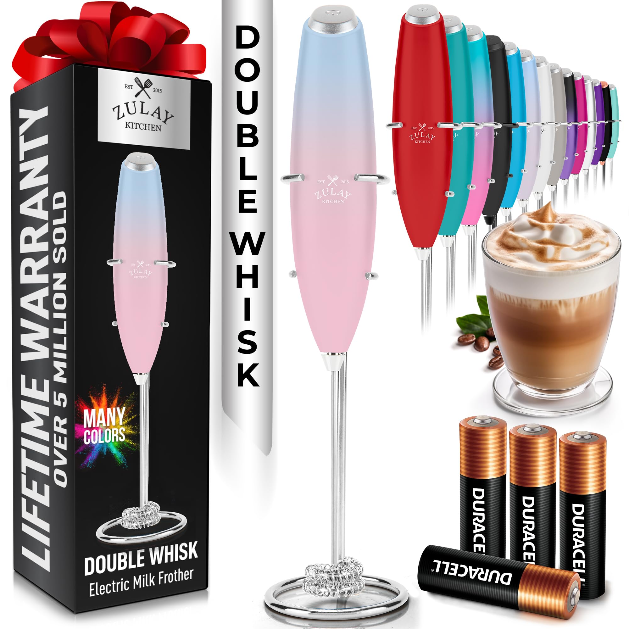 Zulay Kitchen Powerful Milk Frother Wand With Duracell Batteries - Ultra Fast Handheld Drink Mixer - Electric Whisk Foam Maker for Coffee, Lattes, Cappuccino & Matcha - Z1 Motor - Black