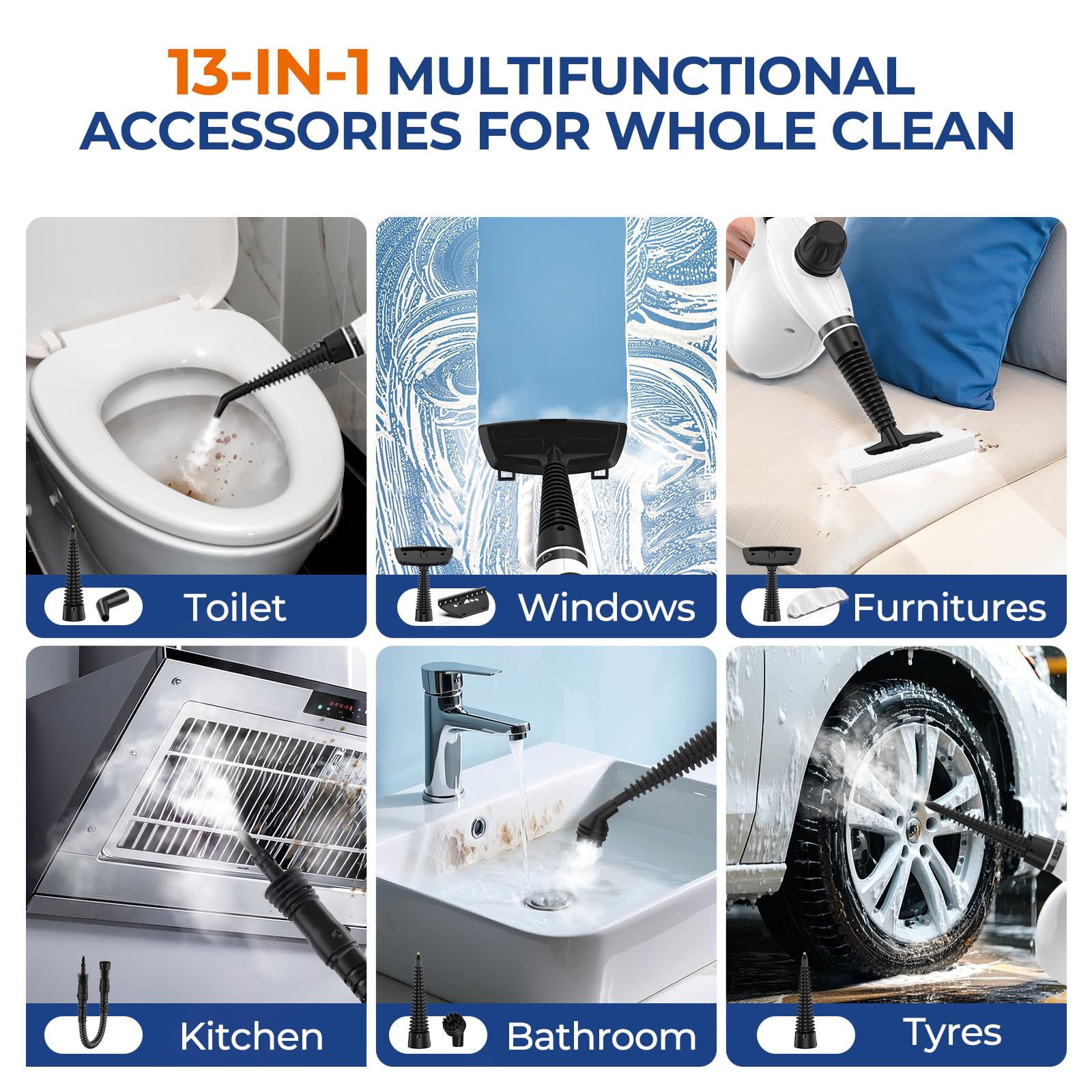 Steam Cleaner, Pressurized Handheld 13pcs Multi-Purpose Natural Deep Cleaning Steamer, Portable Steamer for Cleaning Home, Grout, Kitchen, Car, Window, Upholstery, Bathroom and Clothes, White
