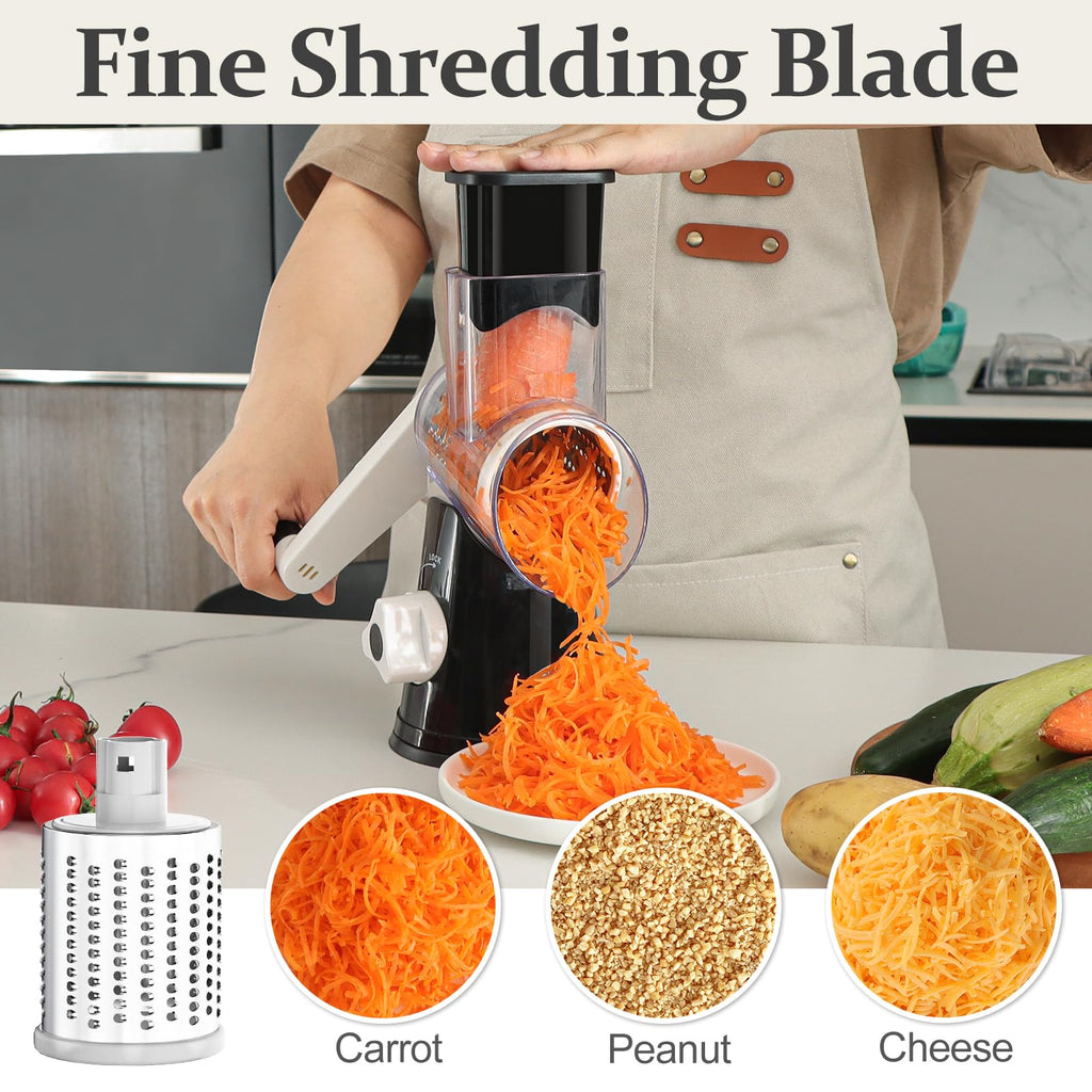 Cambom Rotary Cheese Grater Hand Crank Cheese Shredder for Fresh Cheese, Vegetable, Nuts,Non-slip Suction Base, Three Blades, Black