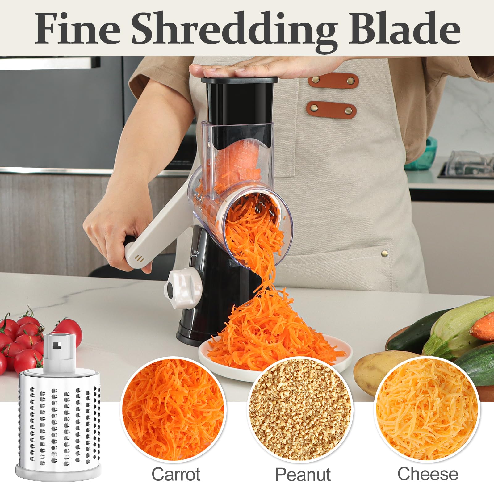 Cambom Rotary Cheese Grater Hand Crank Cheese Shredder for Fresh Cheese, Vegetable, Nuts,Non-slip Suction Base, Three Blades, Black