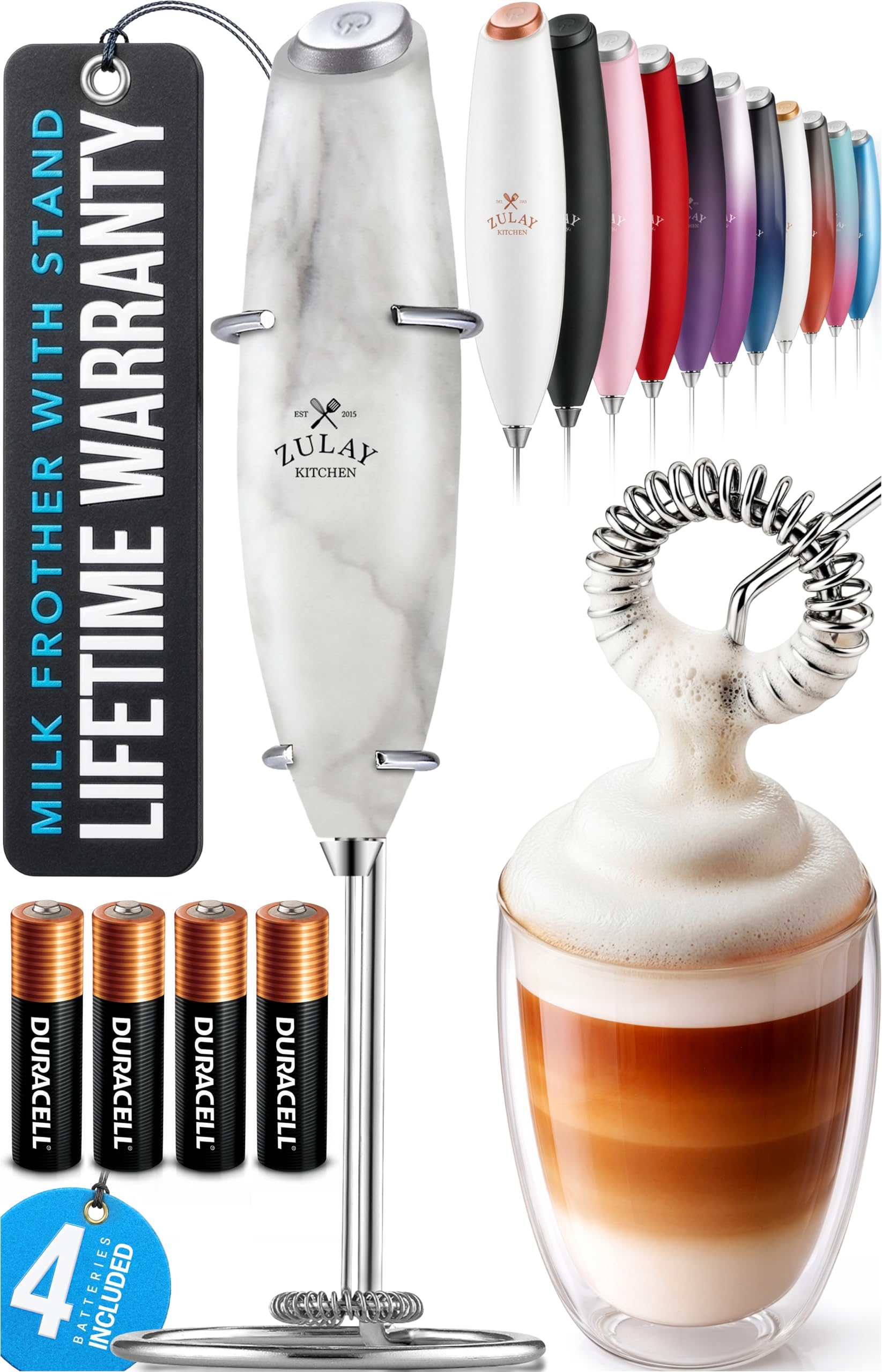 Zulay Kitchen Powerful Milk Frother Wand With Duracell Batteries - Ultra Fast Handheld Drink Mixer - Electric Whisk Foam Maker for Coffee, Lattes, Cappuccino & Matcha - Z1 Motor - Black