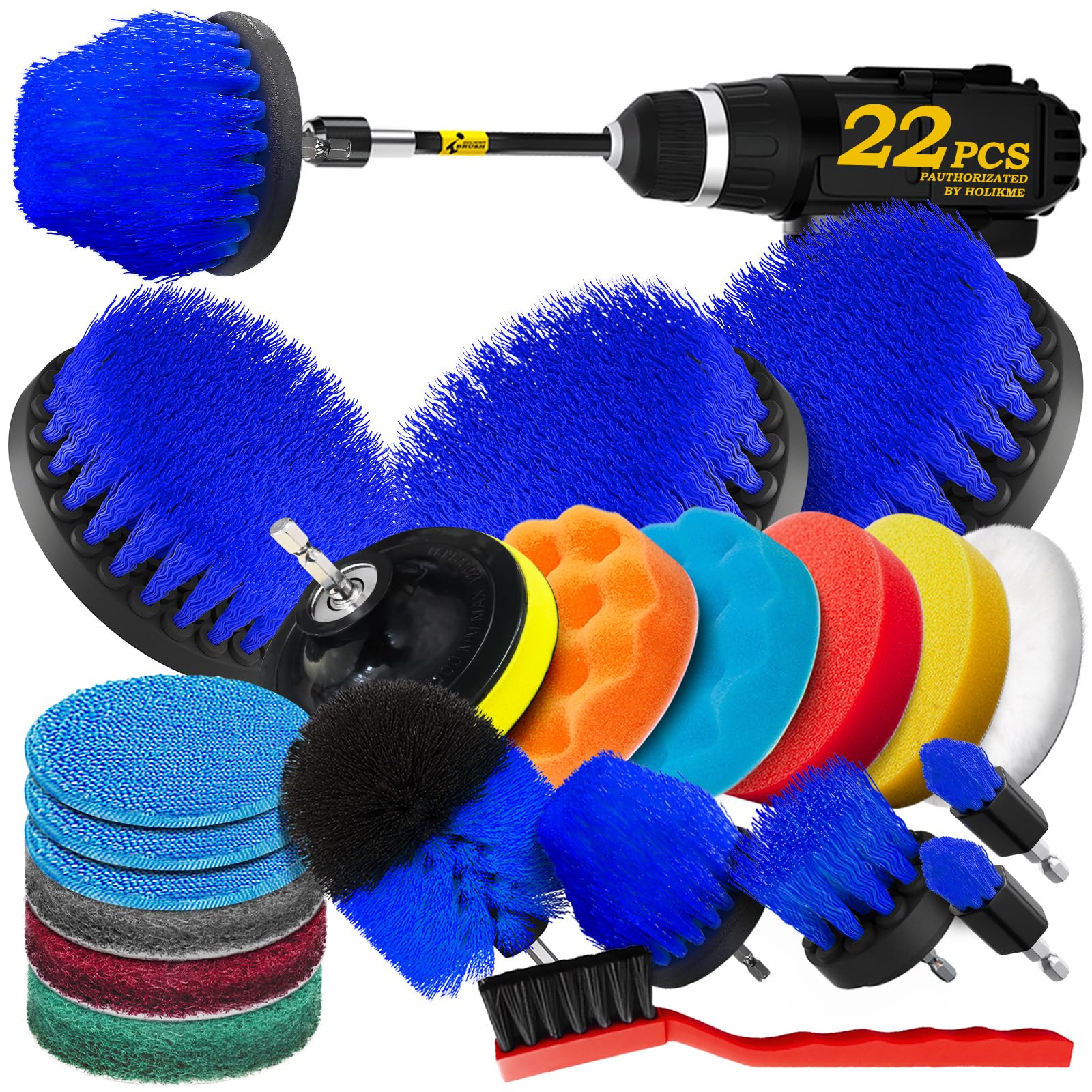 Holikme 22Pack Drill Brush Attachments Set,Scrub Pads & Sponge, Buffing Pads,Power Scrubber Brush,Car Polishing Pad Kit,Wax Applicator Pad,Car Cleaning Kit,Masonry Brushes,Cleaning Supplies