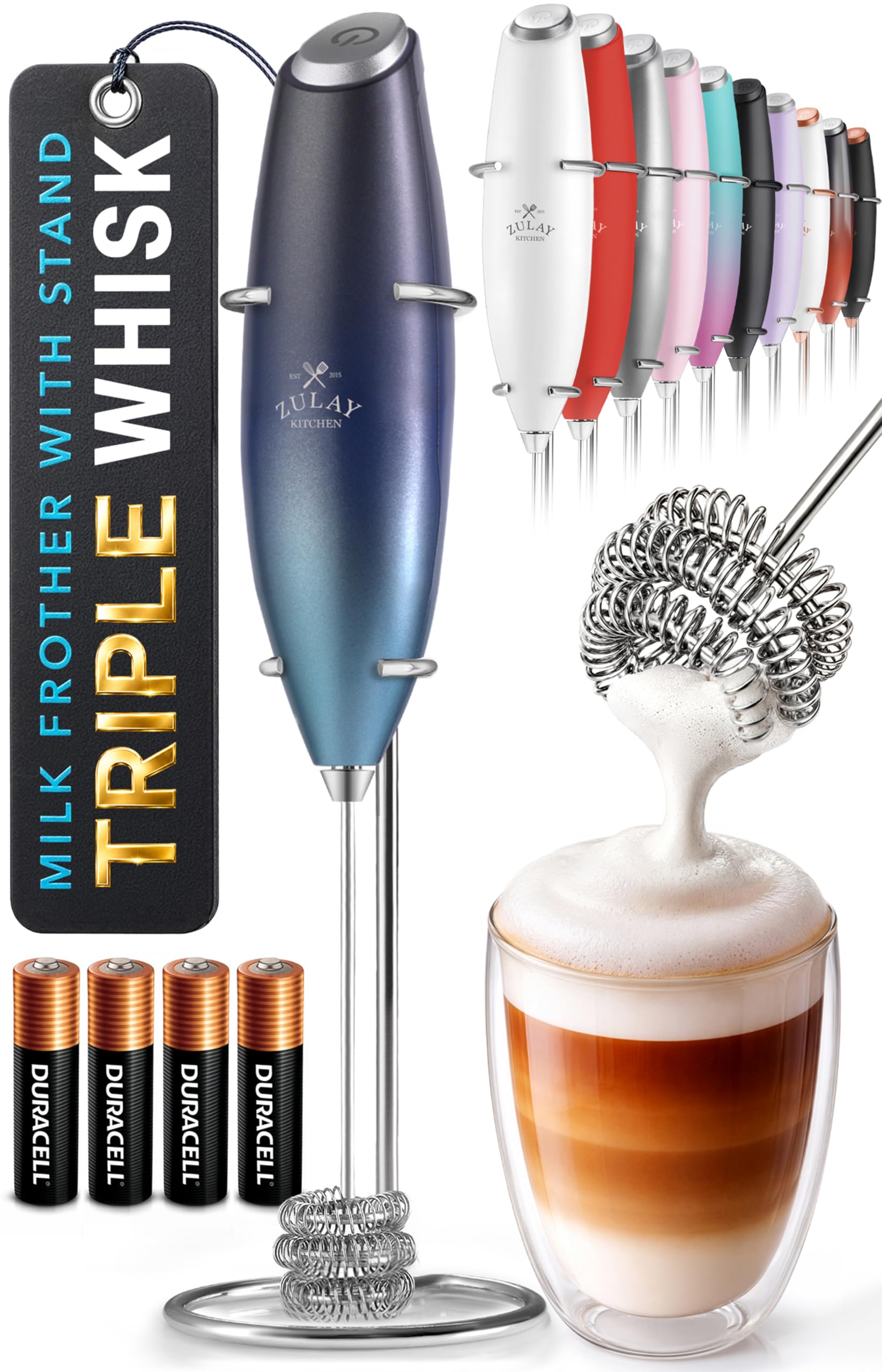 Zulay Kitchen Powerful Milk Frother Wand With Duracell Batteries - Ultra Fast Handheld Drink Mixer - Electric Whisk Foam Maker for Coffee, Lattes, Cappuccino & Matcha - Z1 Motor - Black
