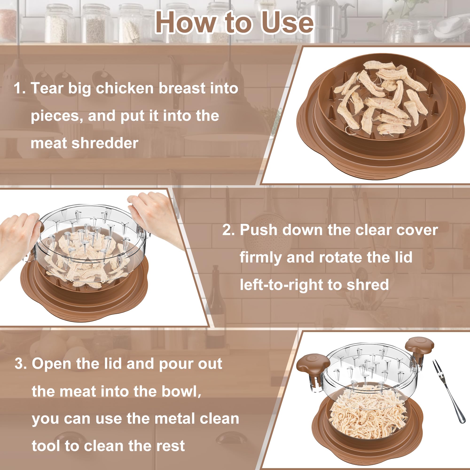 SURETIVIAN Chicken Shredder Tool Twist Large Chicken Breast Shredder with Brush&Fork, Visible Meat Shredder Machine, Strong Anti-Slip Strip, Ergonomic Handle, BPA Free, Suitable for Pork Beef Chicken