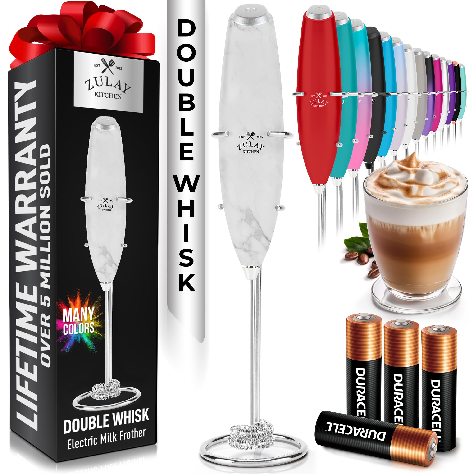 Zulay Kitchen Powerful Milk Frother Wand With Duracell Batteries - Ultra Fast Handheld Drink Mixer - Electric Whisk Foam Maker for Coffee, Lattes, Cappuccino & Matcha - Z1 Motor - Black