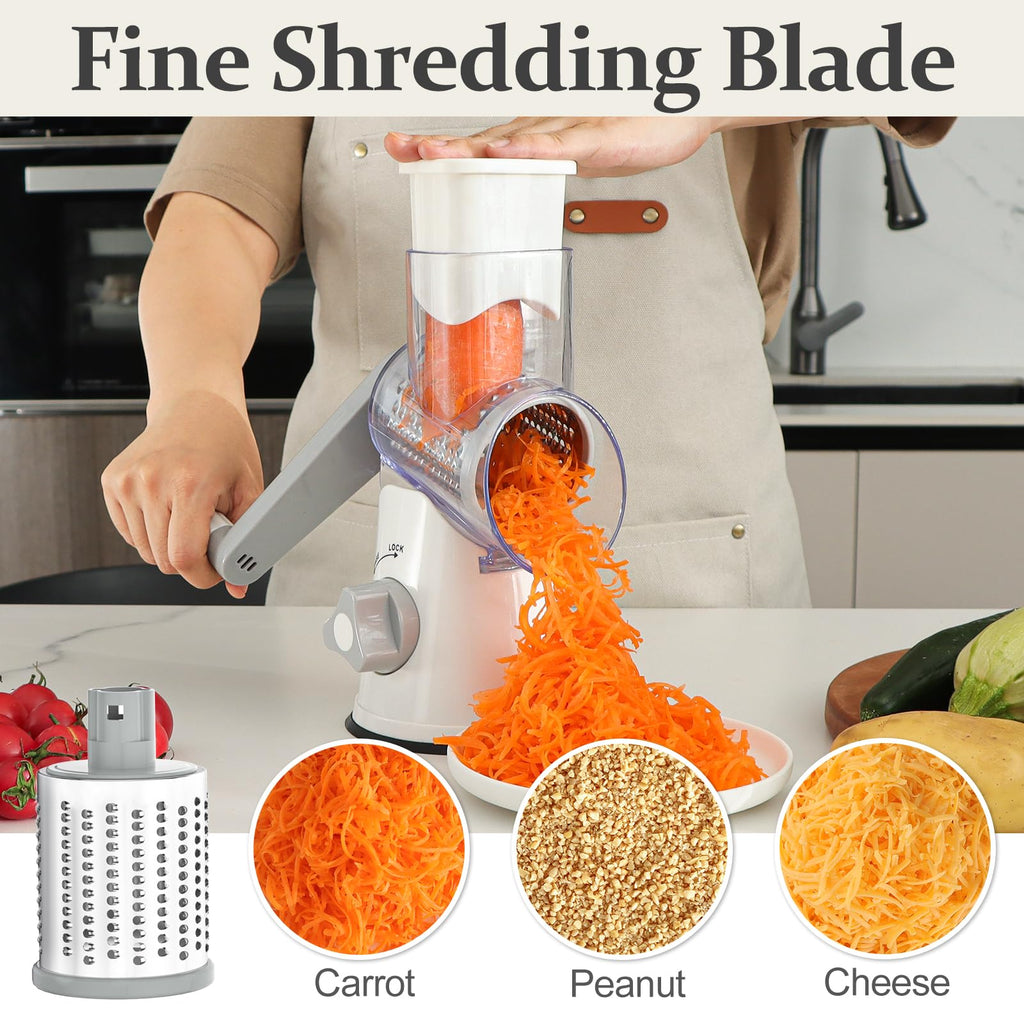 Cambom Rotary Cheese Grater Hand Crank Cheese Shredder for Fresh Cheese, Vegetable, Nuts,Non-slip Suction Base, Three Blades, Black