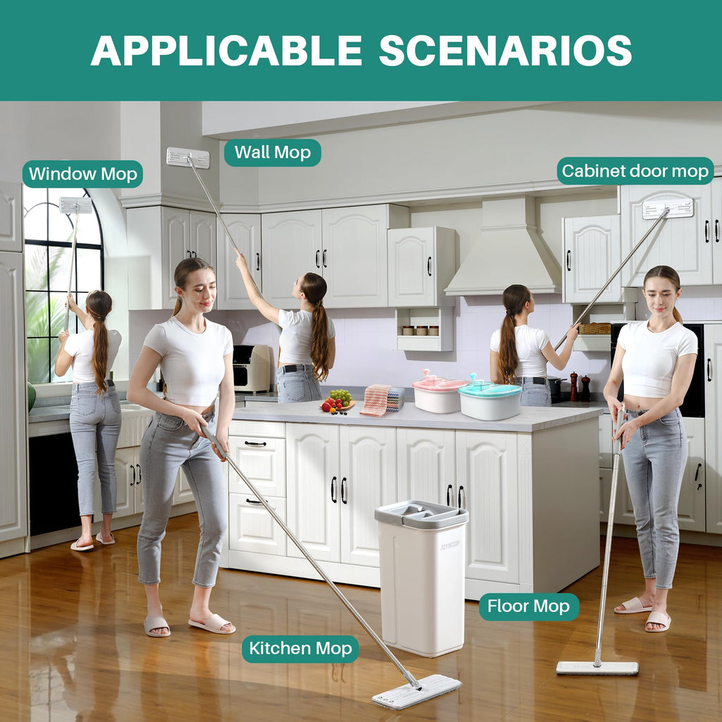 JOYMOOP Mop and Bucket Set, Hands-Free Flat Floor Mop with 3 Washable Microfiber Pads, Wet and Dry Use, Ideal for Home and Commercial Floor Cleaning