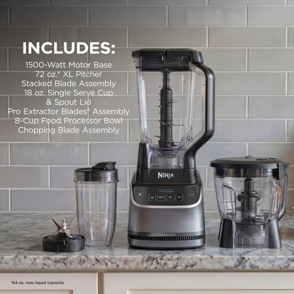 Ninja Kitchen System | All-in-One Food Processor & Blender for Smoothies | Includes Pitcher, (2) 16 oz. To-Go Cups & 8-Cup Bowl | Makes Salsa, Dough, Shakes, & Frozen Drinks | 1500W | Black | BL770