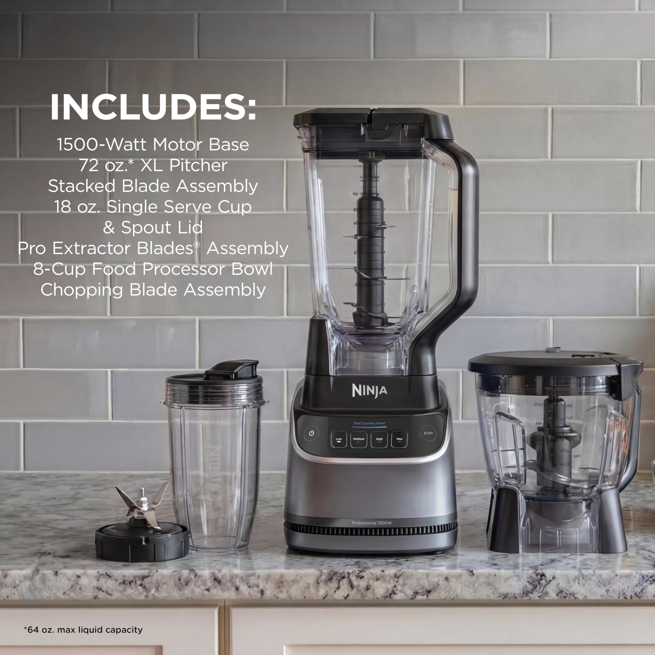 Ninja Kitchen System | All-in-One Food Processor & Blender for Smoothies | Includes Pitcher, (2) 16 oz. To-Go Cups & 8-Cup Bowl | Makes Salsa, Dough, Shakes, & Frozen Drinks | 1500W | Black | BL770
