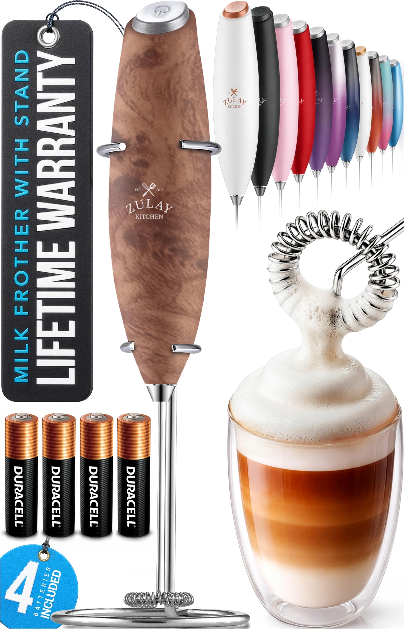 Zulay Kitchen Powerful Milk Frother Wand With Duracell Batteries - Ultra Fast Handheld Drink Mixer - Electric Whisk Foam Maker for Coffee, Lattes, Cappuccino & Matcha - Z1 Motor - Black