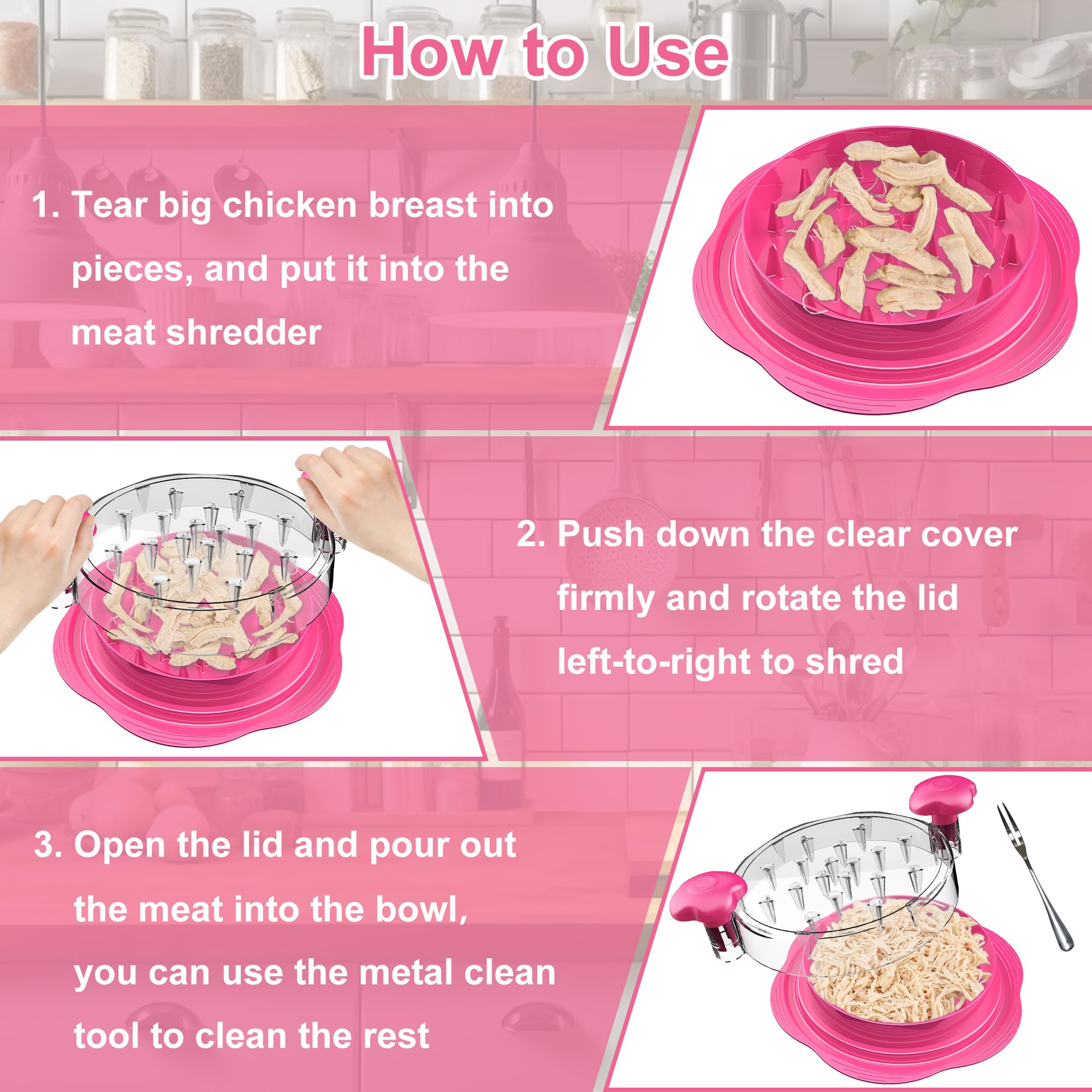 SURETIVIAN Chicken Shredder Tool Twist Large Chicken Breast Shredder with Brush&Fork, Visible Meat Shredder Machine, Strong Anti-Slip Strip, Ergonomic Handle, BPA Free, Suitable for Pork Beef Chicken