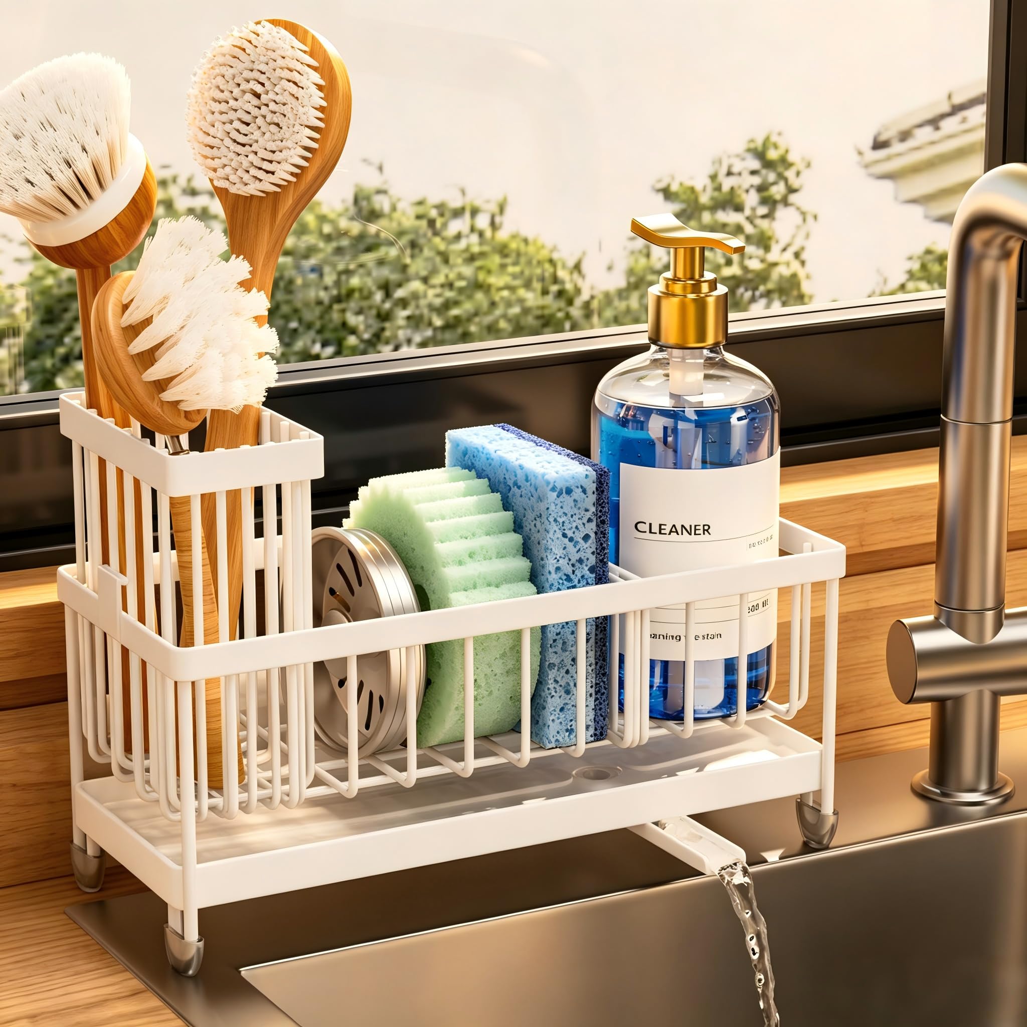 Cisily Sponge Holder for Kitchen Sink, Sink Caddy Organizer with High Brush Holder, Kitchen Countertop Organizers and Storage Essentials, Rustproof 304 Stainless Steel (Black, 9.25″)
