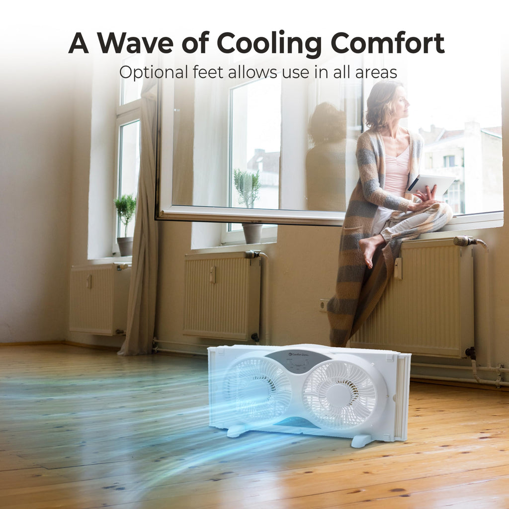 Comfort Zone Twin Window Fan with Reversible Airflow Control, 9 inch, Auto-Locking Expanders, 2 Speed Fan, Dual Fan, Exhaust, Airflow 9.84 ft/sec, Ideal for Home, Kitchen, Bedroom & Office, CZ319WT