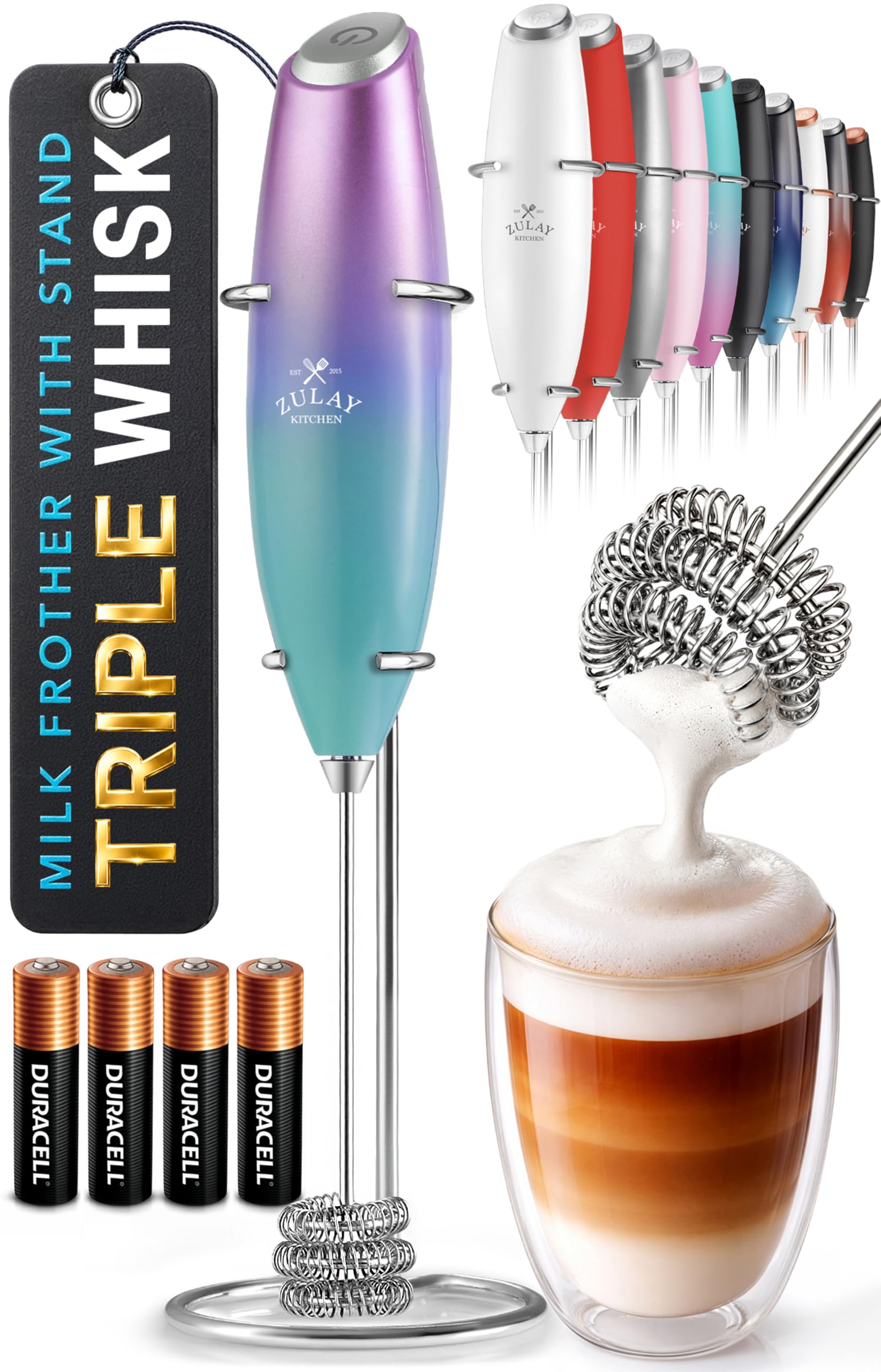 Zulay Kitchen Powerful Milk Frother Wand With Duracell Batteries - Ultra Fast Handheld Drink Mixer - Electric Whisk Foam Maker for Coffee, Lattes, Cappuccino & Matcha - Z1 Motor - Black