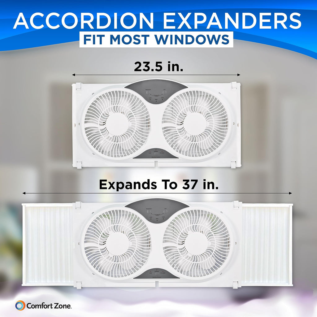 Comfort Zone Twin Window Fan with Reversible Airflow Control, 9 inch, Auto-Locking Expanders, 2 Speed Fan, Dual Fan, Exhaust, Airflow 9.84 ft/sec, Ideal for Home, Kitchen, Bedroom & Office, CZ319WT