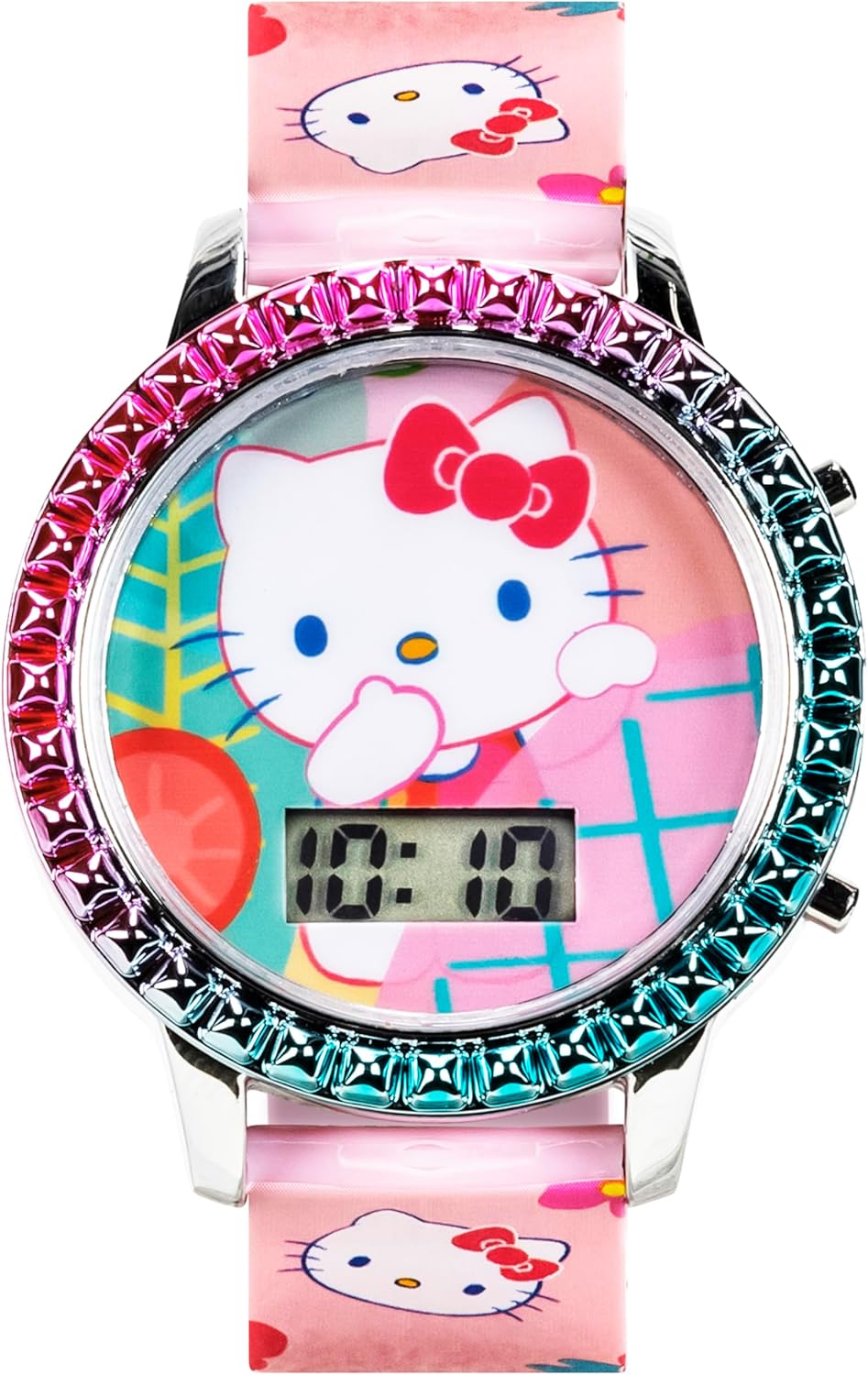 Accutime Sanrio Hello Kitty Girls' Digital LCD Quartz Watch with Pink Strap and Colorful Bezel - Fun LED Light Show - Easy to Read Time for Kids - Fits Wrist 5.5"-8"