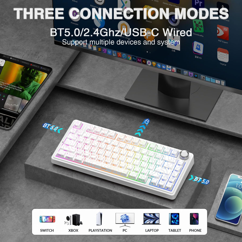 AULA F75 Pro Wireless Mechanical Keyboard,75% Hot Swappable Custom Keyboard with Knob,RGB Backlit,Pre-lubed Reaper Switches,Side Printed PBT Keycaps,2.4GHz/USB-C/BT5.0 Mechanical Gaming Keyboards