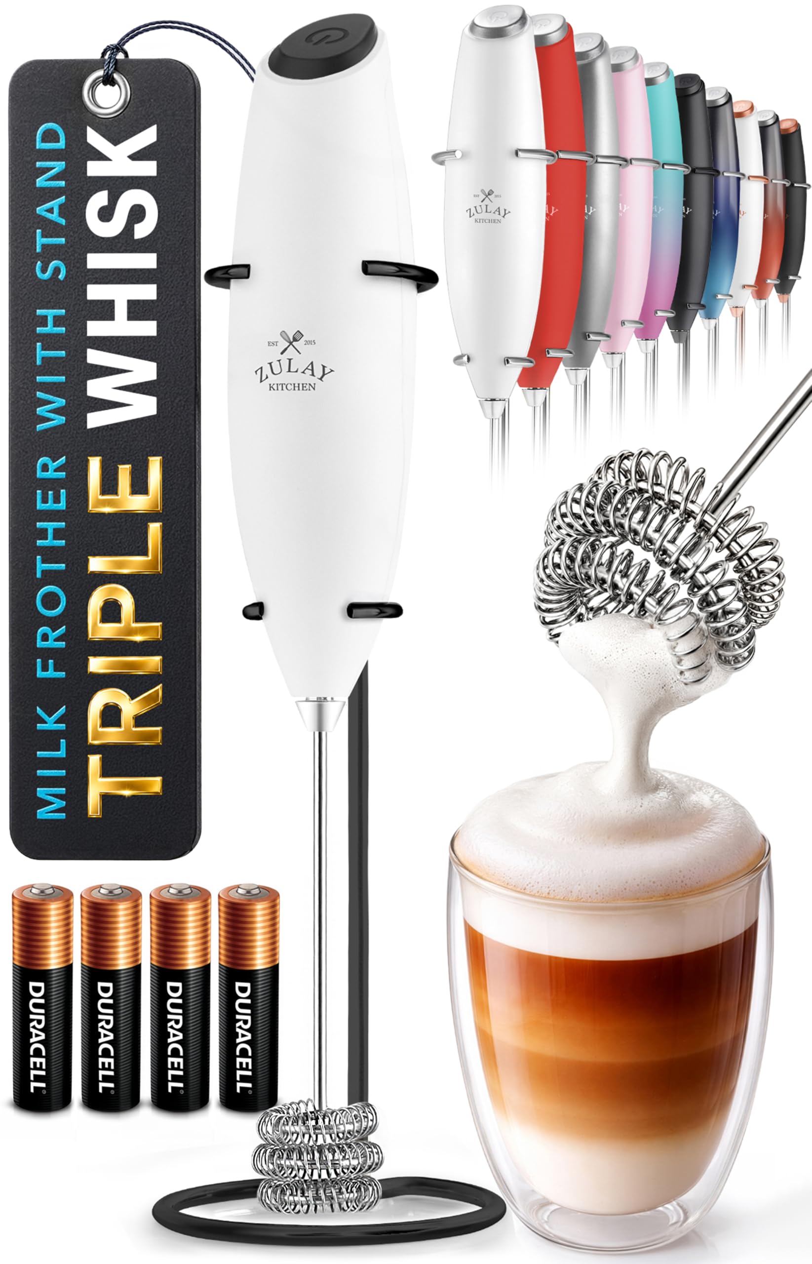 Zulay Kitchen Powerful Milk Frother Wand With Duracell Batteries - Ultra Fast Handheld Drink Mixer - Electric Whisk Foam Maker for Coffee, Lattes, Cappuccino & Matcha - Z1 Motor - Black