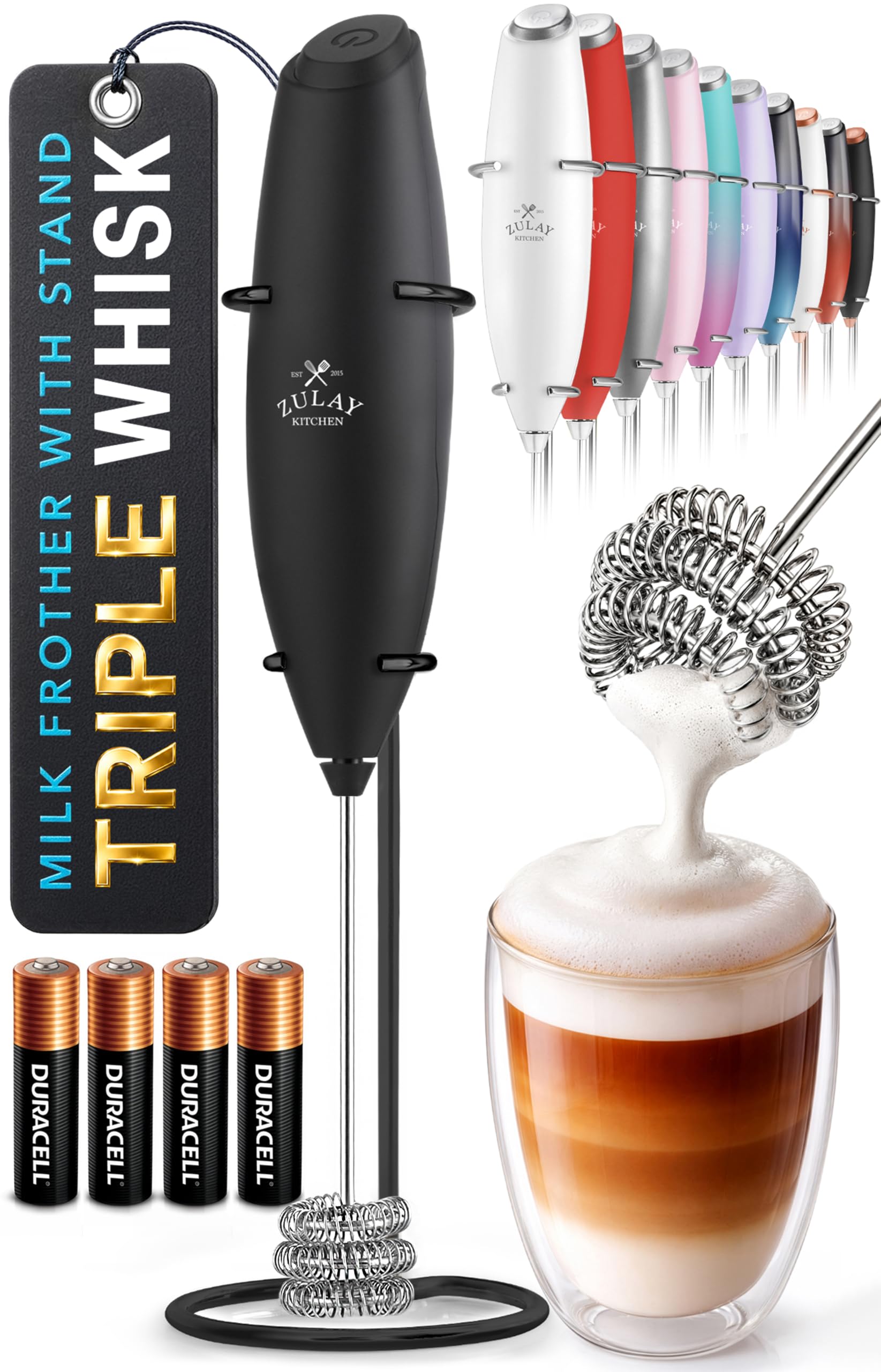 Zulay Kitchen Powerful Milk Frother Wand With Duracell Batteries - Ultra Fast Handheld Drink Mixer - Electric Whisk Foam Maker for Coffee, Lattes, Cappuccino & Matcha - Z1 Motor - Black
