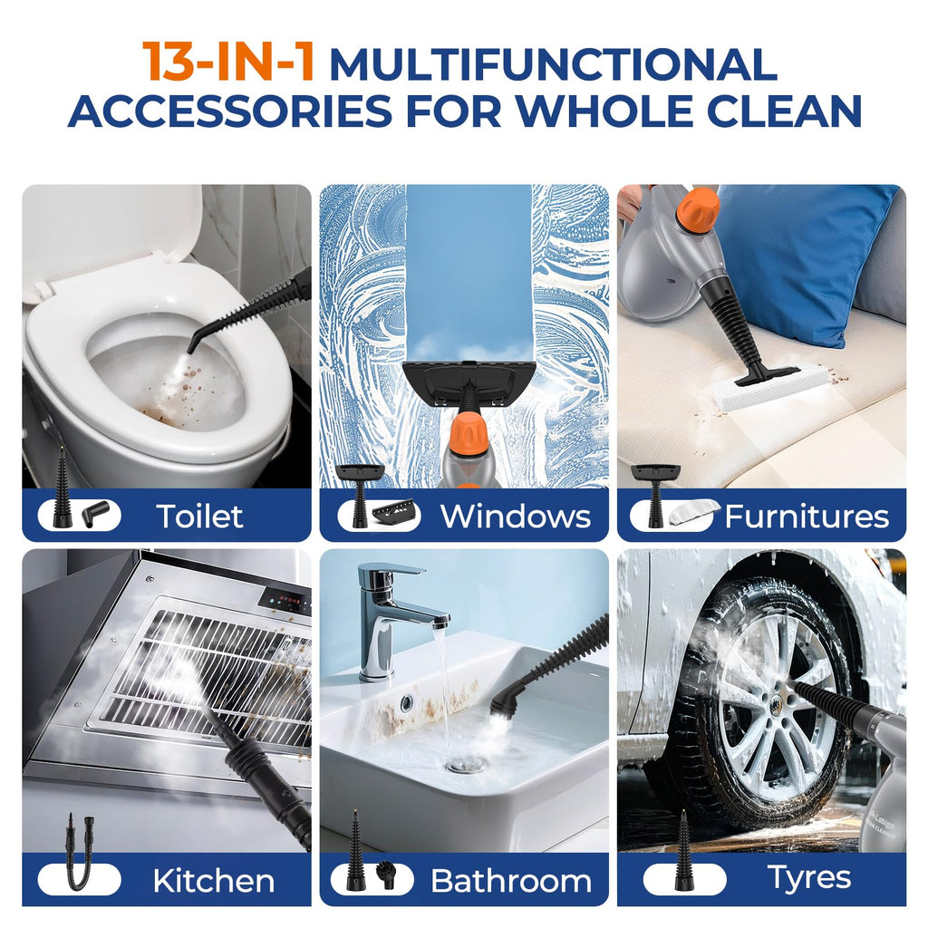 Steam Cleaner, Pressurized Handheld 13pcs Multi-Purpose Natural Deep Cleaning Steamer, Portable Steamer for Cleaning Home, Grout, Kitchen, Car, Window, Upholstery, Bathroom and Clothes, White