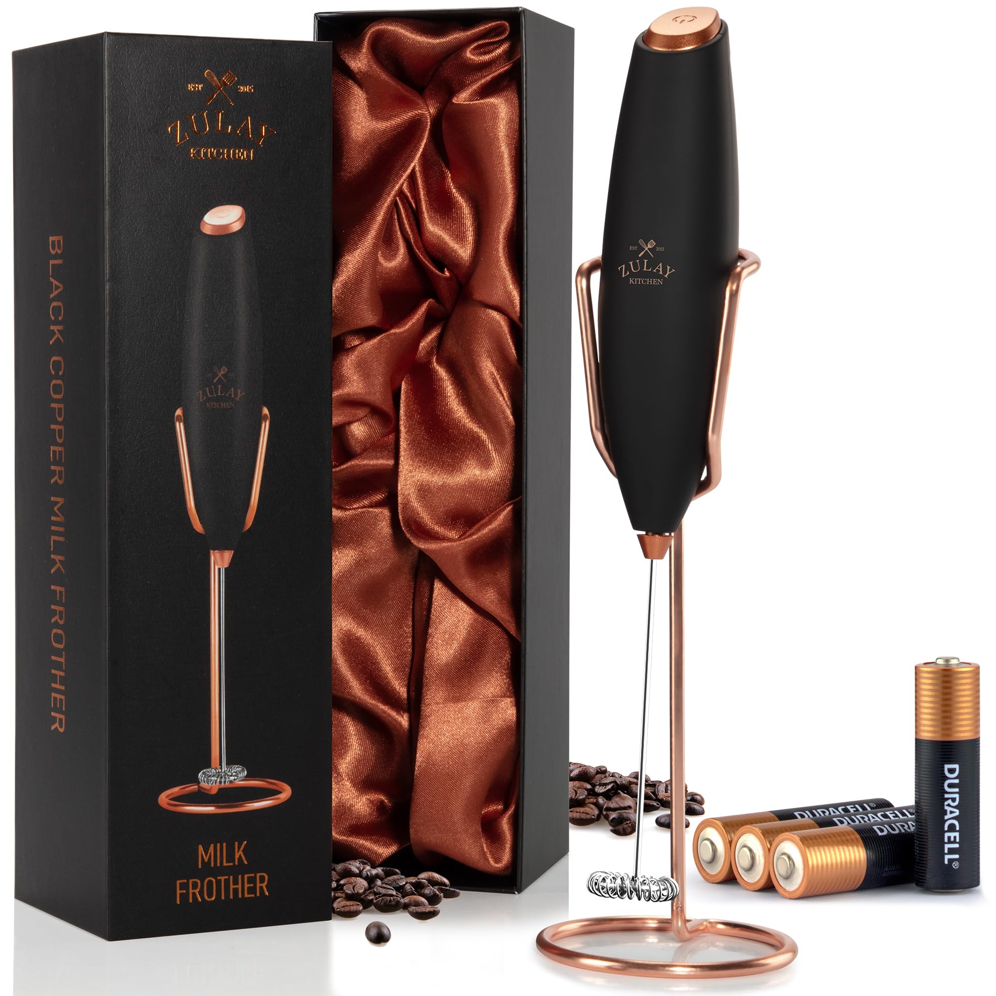 Zulay Kitchen Powerful Milk Frother Wand With Duracell Batteries - Ultra Fast Handheld Drink Mixer - Electric Whisk Foam Maker for Coffee, Lattes, Cappuccino & Matcha - Z1 Motor - Black