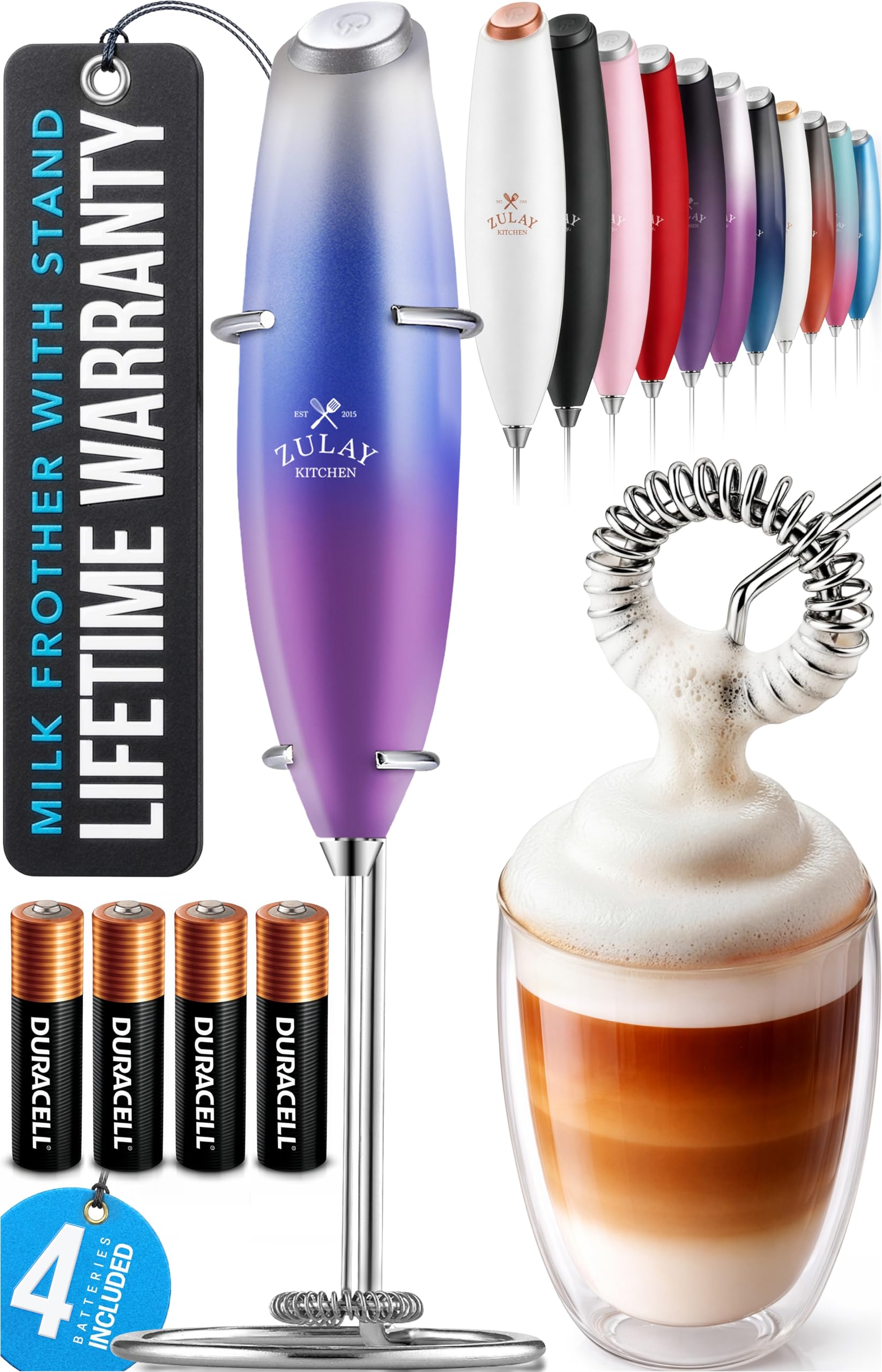 Zulay Kitchen Powerful Milk Frother Wand With Duracell Batteries - Ultra Fast Handheld Drink Mixer - Electric Whisk Foam Maker for Coffee, Lattes, Cappuccino & Matcha - Z1 Motor - Black