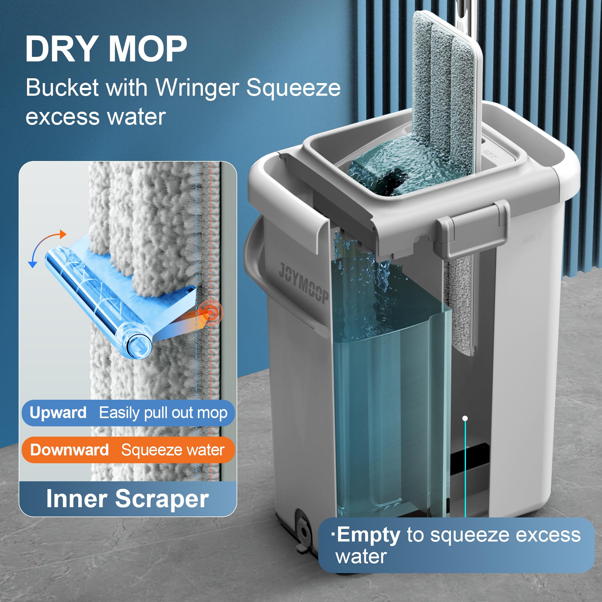 JOYMOOP Mop and Bucket Set, Hands-Free Flat Floor Mop with 3 Washable Microfiber Pads, Wet and Dry Use, Ideal for Home and Commercial Floor Cleaning