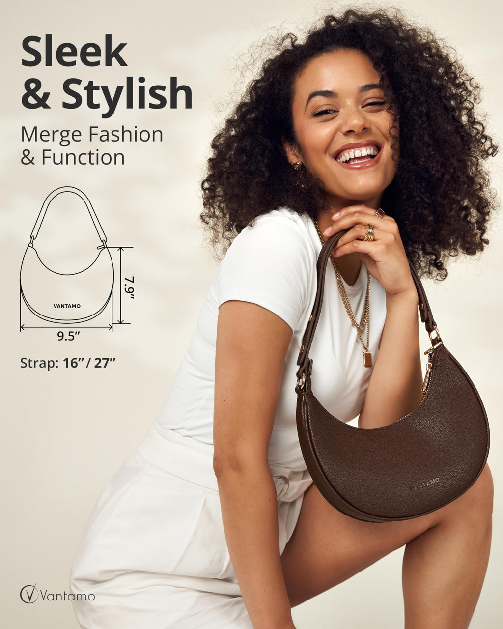 Vantamo Crescent Bags For Women with RFID Protection, Half Moon Clutch Purses for Women with Anti-Theft Clip for Extra Safety