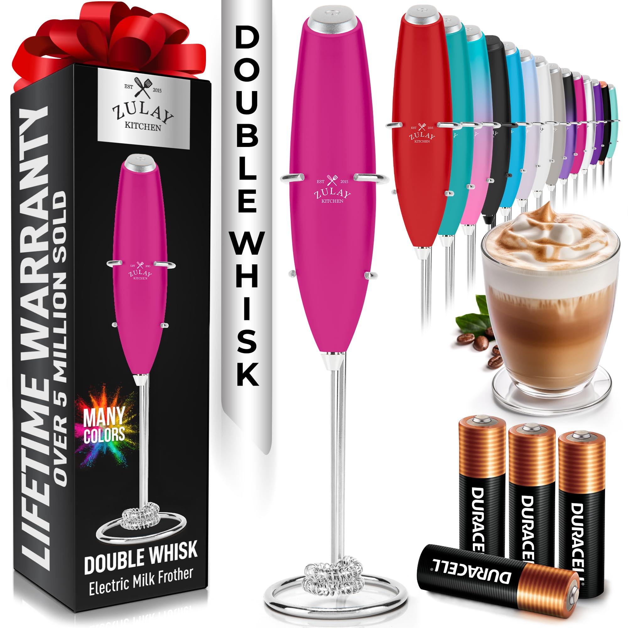 Zulay Kitchen Powerful Milk Frother Wand With Duracell Batteries - Ultra Fast Handheld Drink Mixer - Electric Whisk Foam Maker for Coffee, Lattes, Cappuccino & Matcha - Z1 Motor - Black