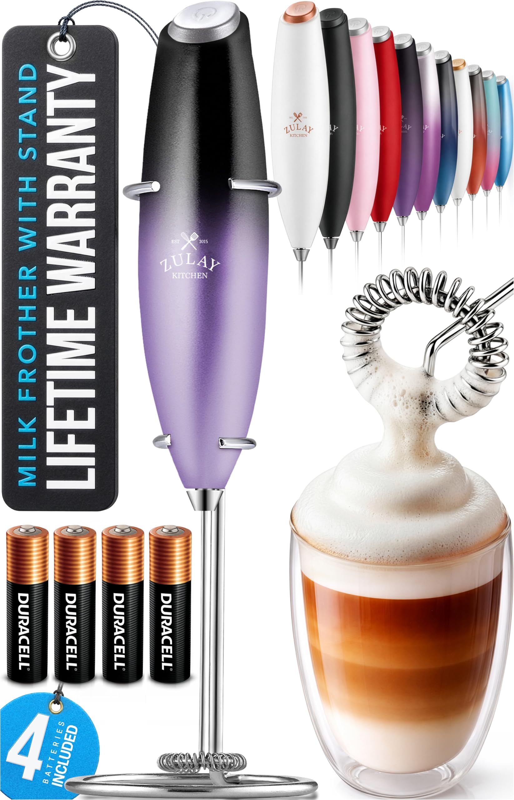 Zulay Kitchen Powerful Milk Frother Wand With Duracell Batteries - Ultra Fast Handheld Drink Mixer - Electric Whisk Foam Maker for Coffee, Lattes, Cappuccino & Matcha - Z1 Motor - Black