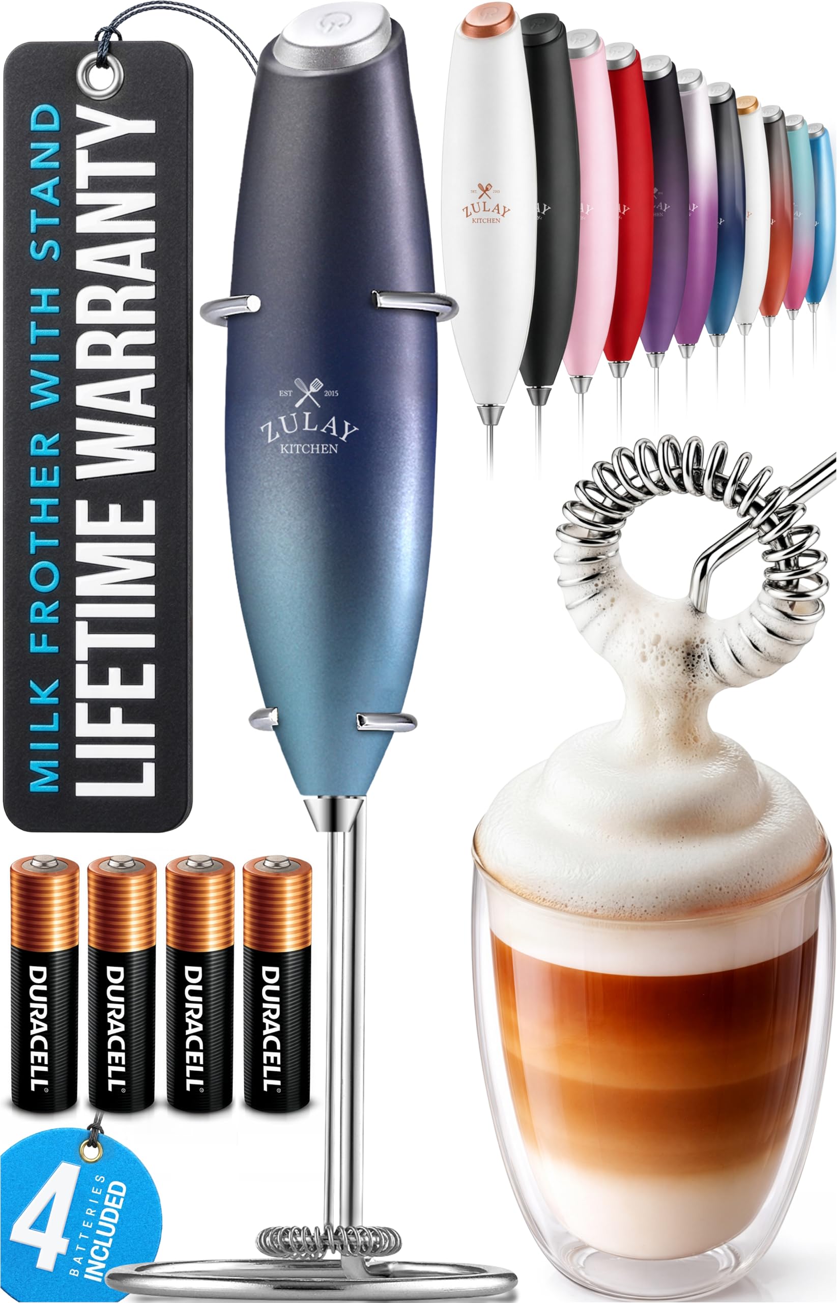 Zulay Kitchen Powerful Milk Frother Wand With Duracell Batteries - Ultra Fast Handheld Drink Mixer - Electric Whisk Foam Maker for Coffee, Lattes, Cappuccino & Matcha - Z1 Motor - Black