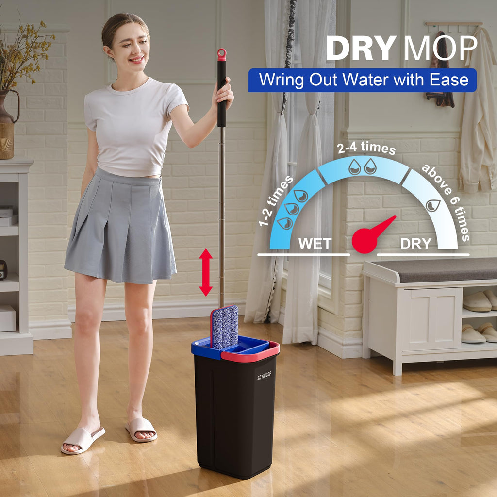 JOYMOOP Mop and Bucket Set, Hands-Free Flat Floor Mop with 3 Washable Microfiber Pads, Wet and Dry Use, Ideal for Home and Commercial Floor Cleaning