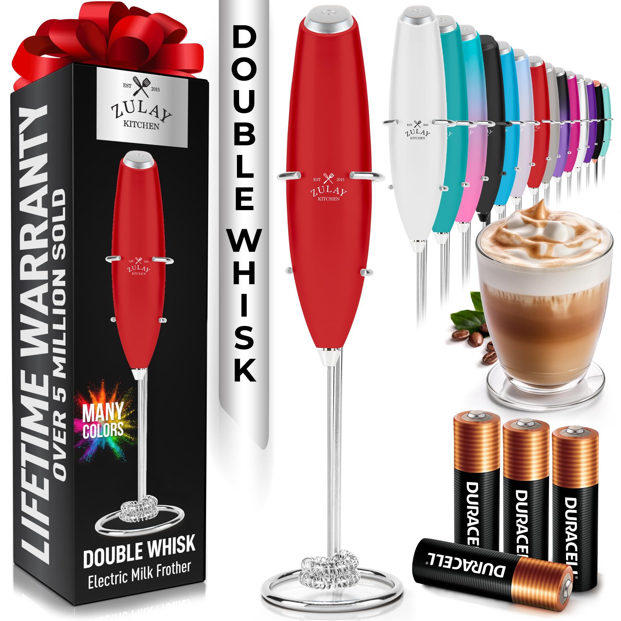 Zulay Kitchen Powerful Milk Frother Wand With Duracell Batteries - Ultra Fast Handheld Drink Mixer - Electric Whisk Foam Maker for Coffee, Lattes, Cappuccino & Matcha - Z1 Motor - Black
