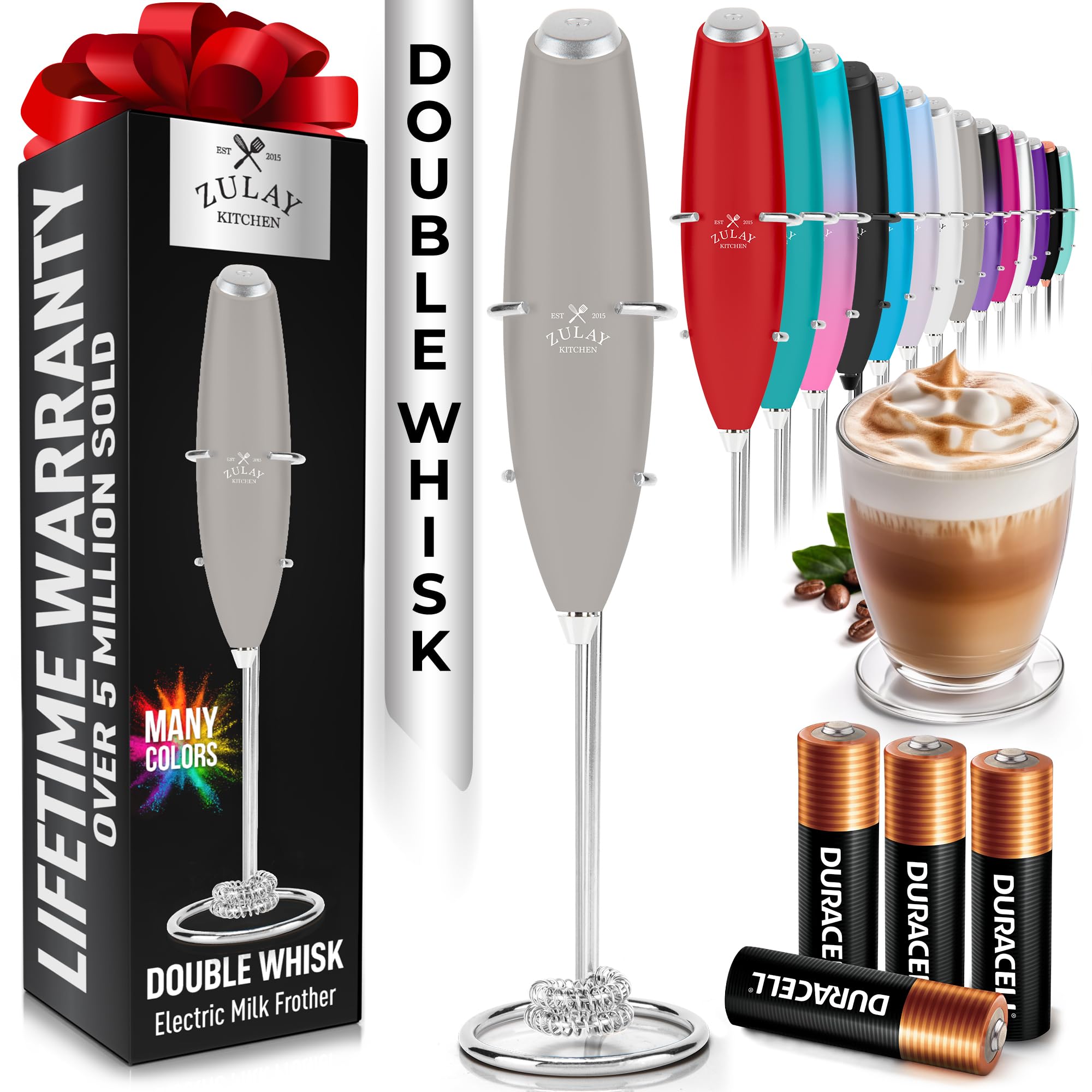 Zulay Kitchen Powerful Milk Frother Wand With Duracell Batteries - Ultra Fast Handheld Drink Mixer - Electric Whisk Foam Maker for Coffee, Lattes, Cappuccino & Matcha - Z1 Motor - Black