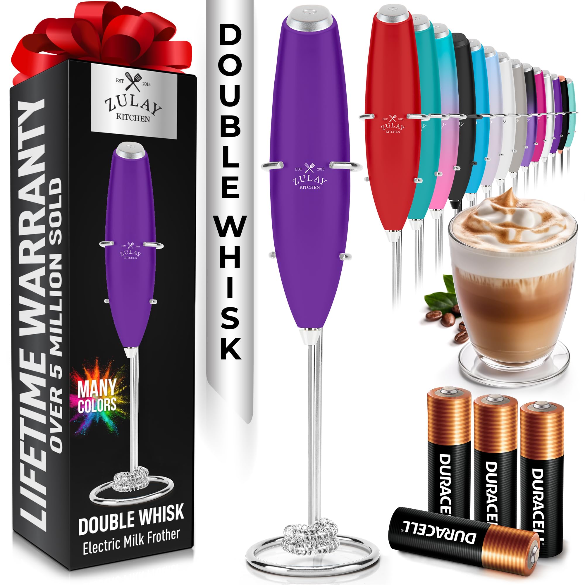 Zulay Kitchen Powerful Milk Frother Wand With Duracell Batteries - Ultra Fast Handheld Drink Mixer - Electric Whisk Foam Maker for Coffee, Lattes, Cappuccino & Matcha - Z1 Motor - Black