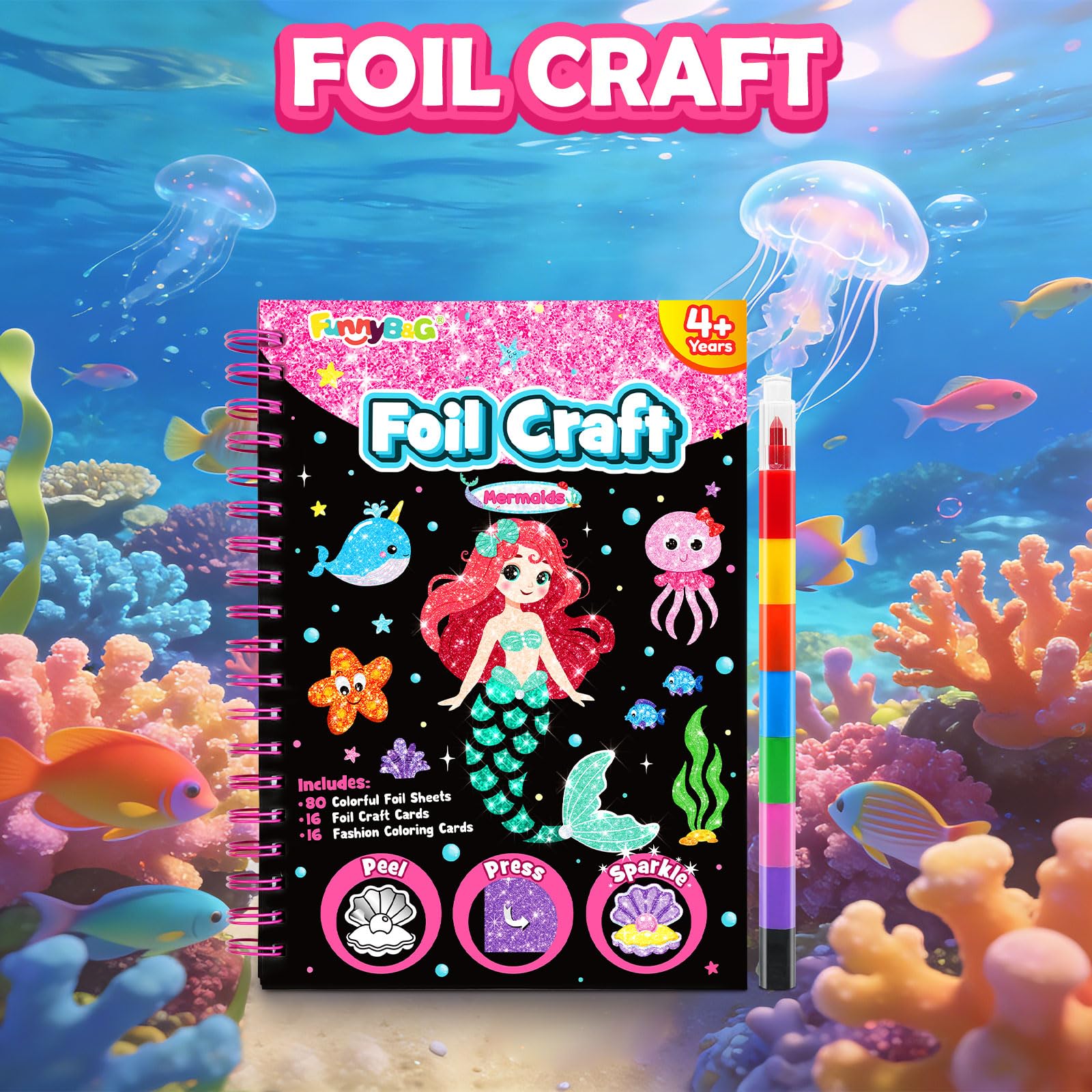 FUNNYB&G Foil Art Craft Kit for Girls 4-10 Years Old: Mess-Free & No-Glue, Create 16 Sparkly Princess Unicorn Pictures – Perfect Travel Toy & Birthday Gift for Kids (Princess)