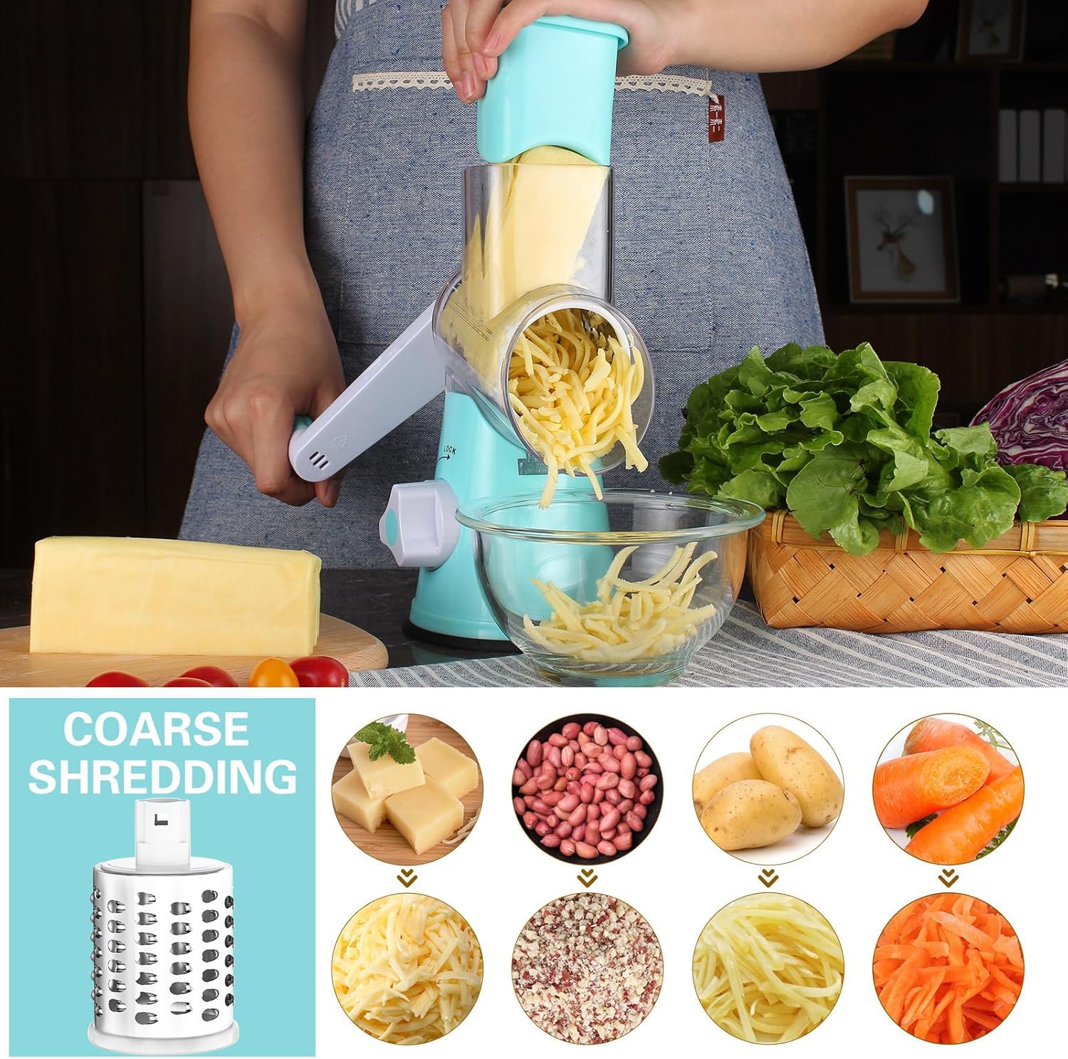 Cambom Rotary Cheese Grater Hand Crank Cheese Shredder for Fresh Cheese, Vegetable, Nuts,Non-slip Suction Base, Three Blades, Black