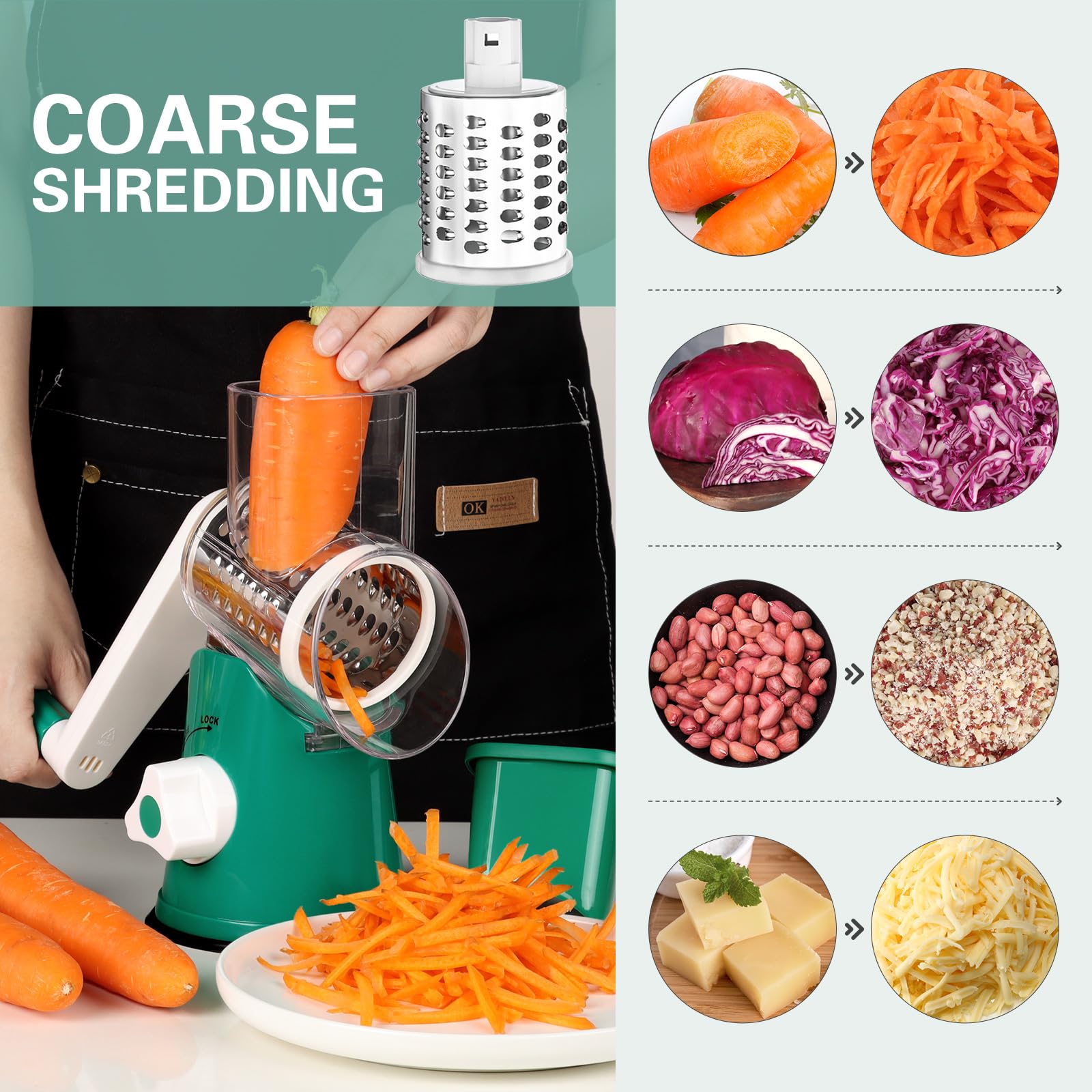 Cambom Rotary Cheese Grater Hand Crank Cheese Shredder for Fresh Cheese, Vegetable, Nuts,Non-slip Suction Base, Three Blades, Black