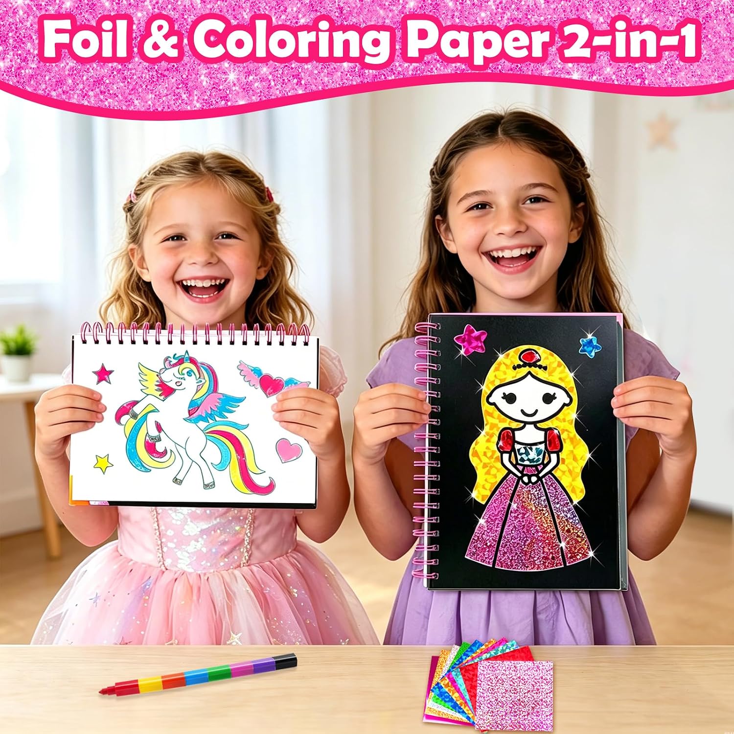 FUNNYB&G Foil Art Craft Kit for Girls 4-10 Years Old: Mess-Free & No-Glue, Create 16 Sparkly Princess Unicorn Pictures – Perfect Travel Toy & Birthday Gift for Kids (Princess)