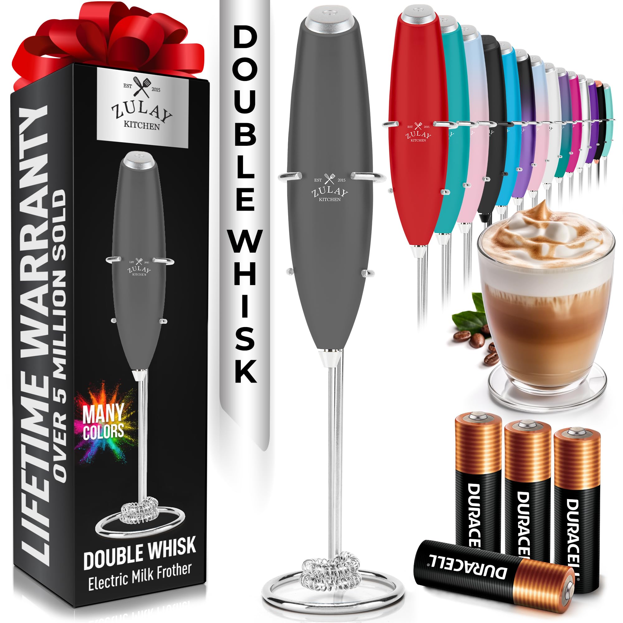 Zulay Kitchen Powerful Milk Frother Wand With Duracell Batteries - Ultra Fast Handheld Drink Mixer - Electric Whisk Foam Maker for Coffee, Lattes, Cappuccino & Matcha - Z1 Motor - Black