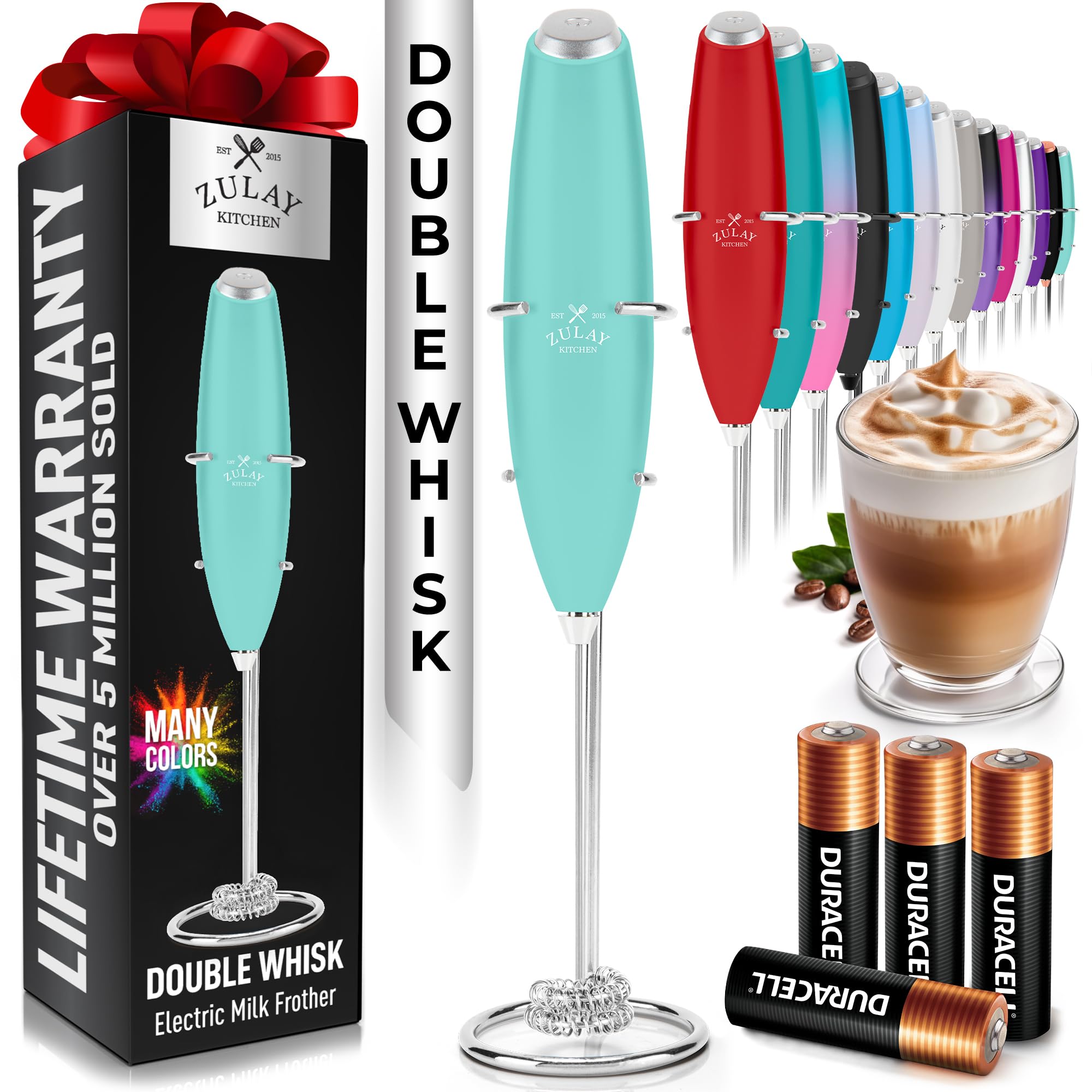 Zulay Kitchen Powerful Milk Frother Wand With Duracell Batteries - Ultra Fast Handheld Drink Mixer - Electric Whisk Foam Maker for Coffee, Lattes, Cappuccino & Matcha - Z1 Motor - Black