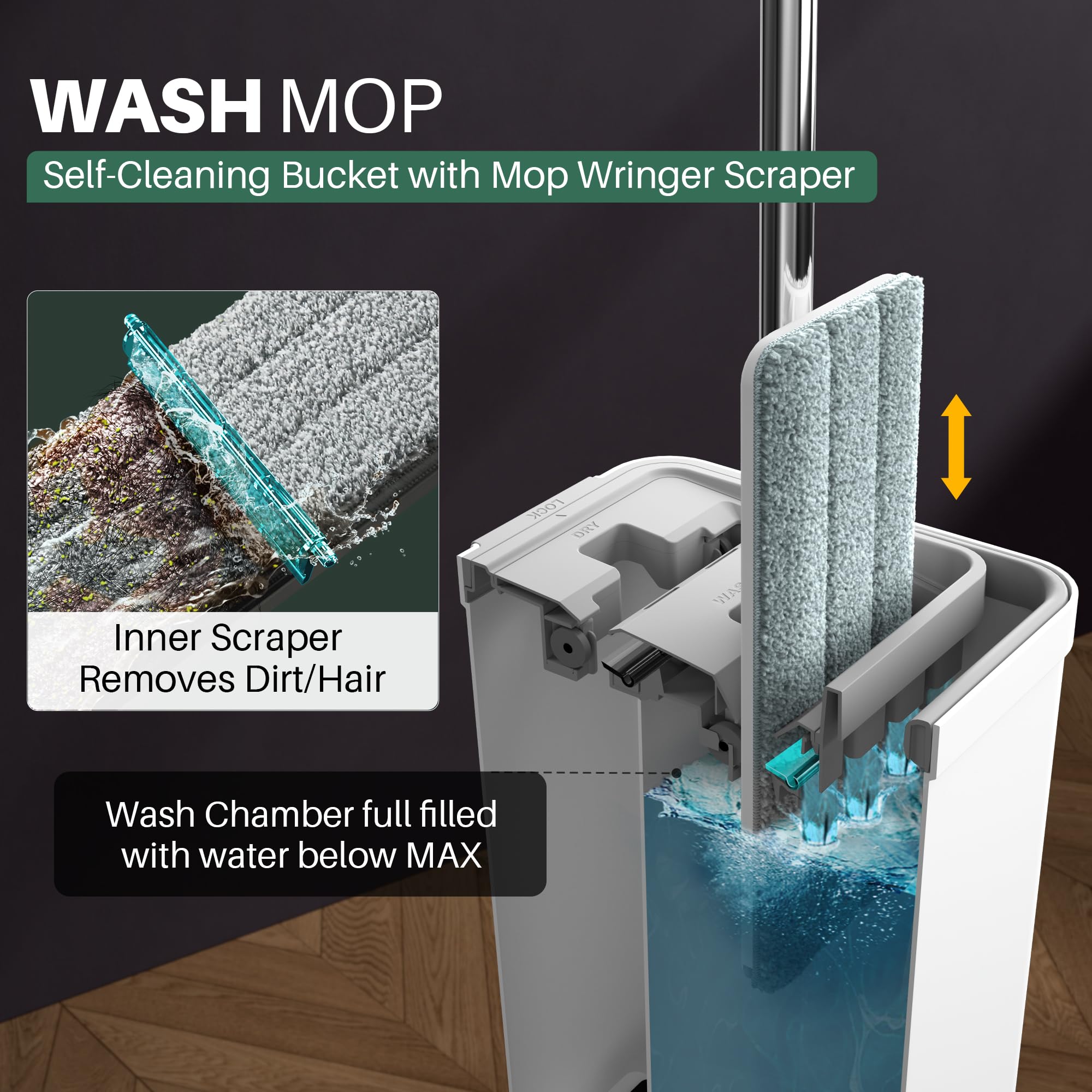 JOYMOOP Mop and Bucket Set, Hands-Free Flat Floor Mop with 3 Washable Microfiber Pads, Wet and Dry Use, Ideal for Home and Commercial Floor Cleaning