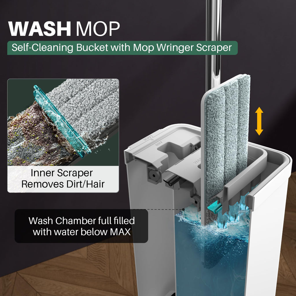 JOYMOOP Mop and Bucket Set, Hands-Free Flat Floor Mop with 3 Washable Microfiber Pads, Wet and Dry Use, Ideal for Home and Commercial Floor Cleaning